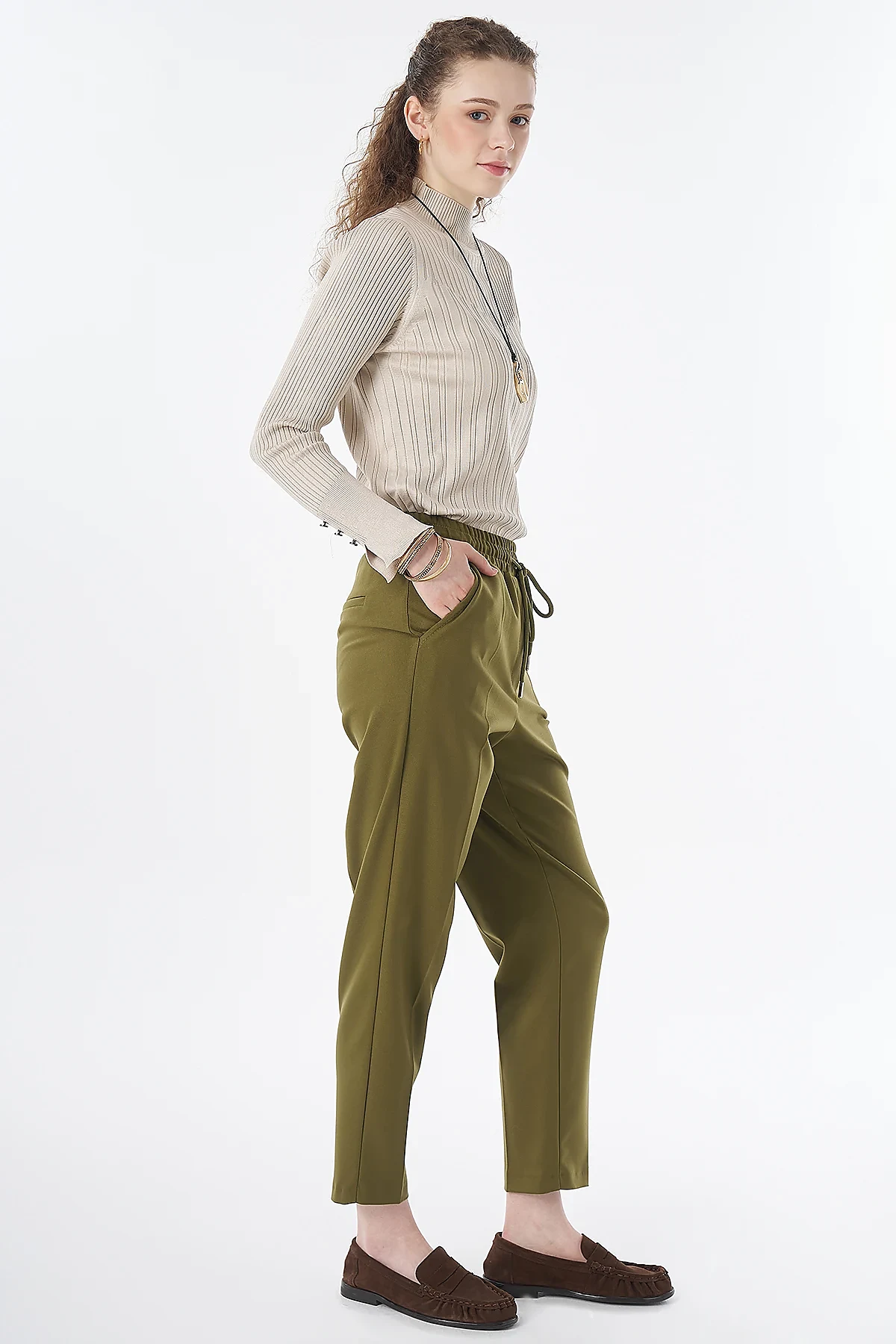 Elastic Waist Tie-Front Trousers Khaki
