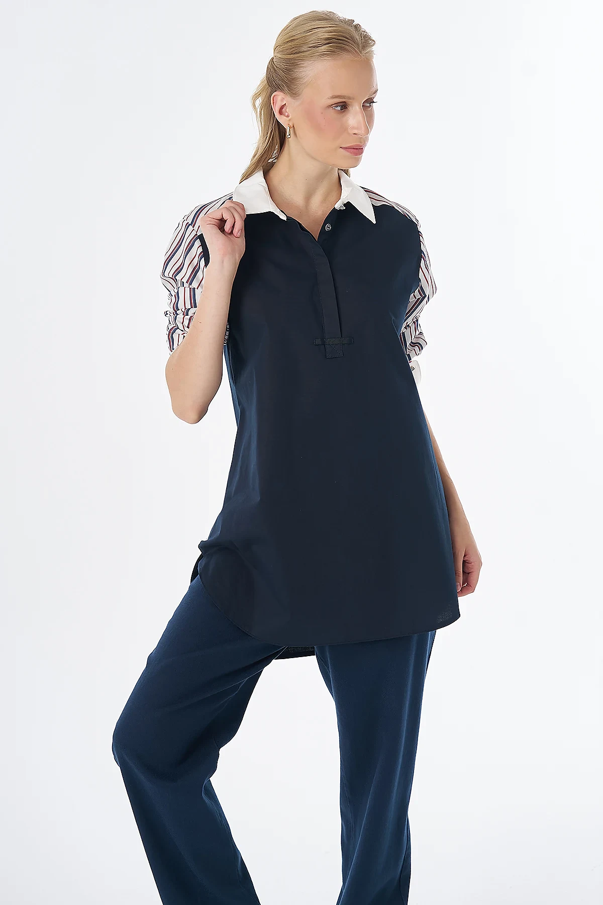 Striped Shirt-Collar Tunic Navy