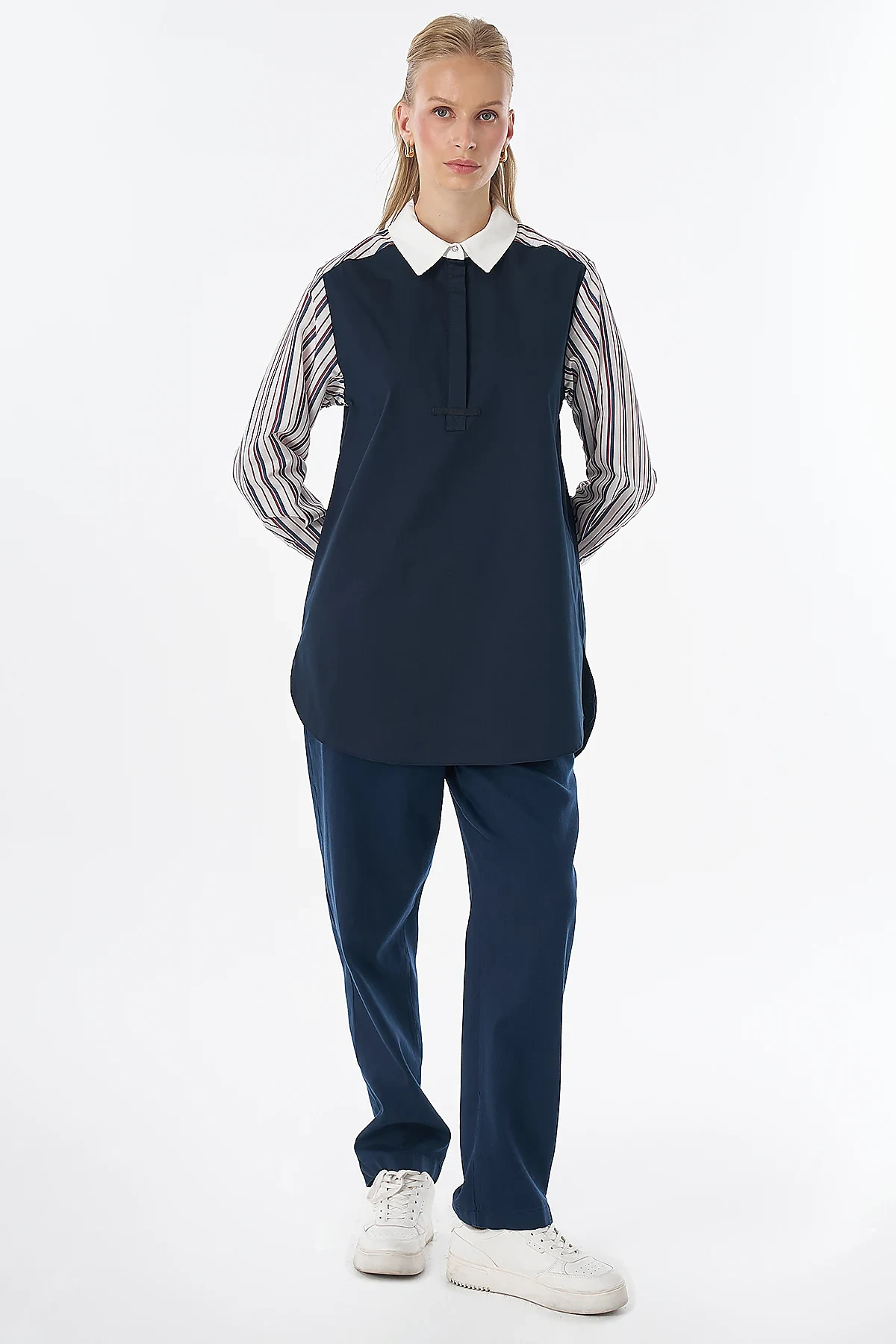 Striped Shirt-Collar Tunic Navy