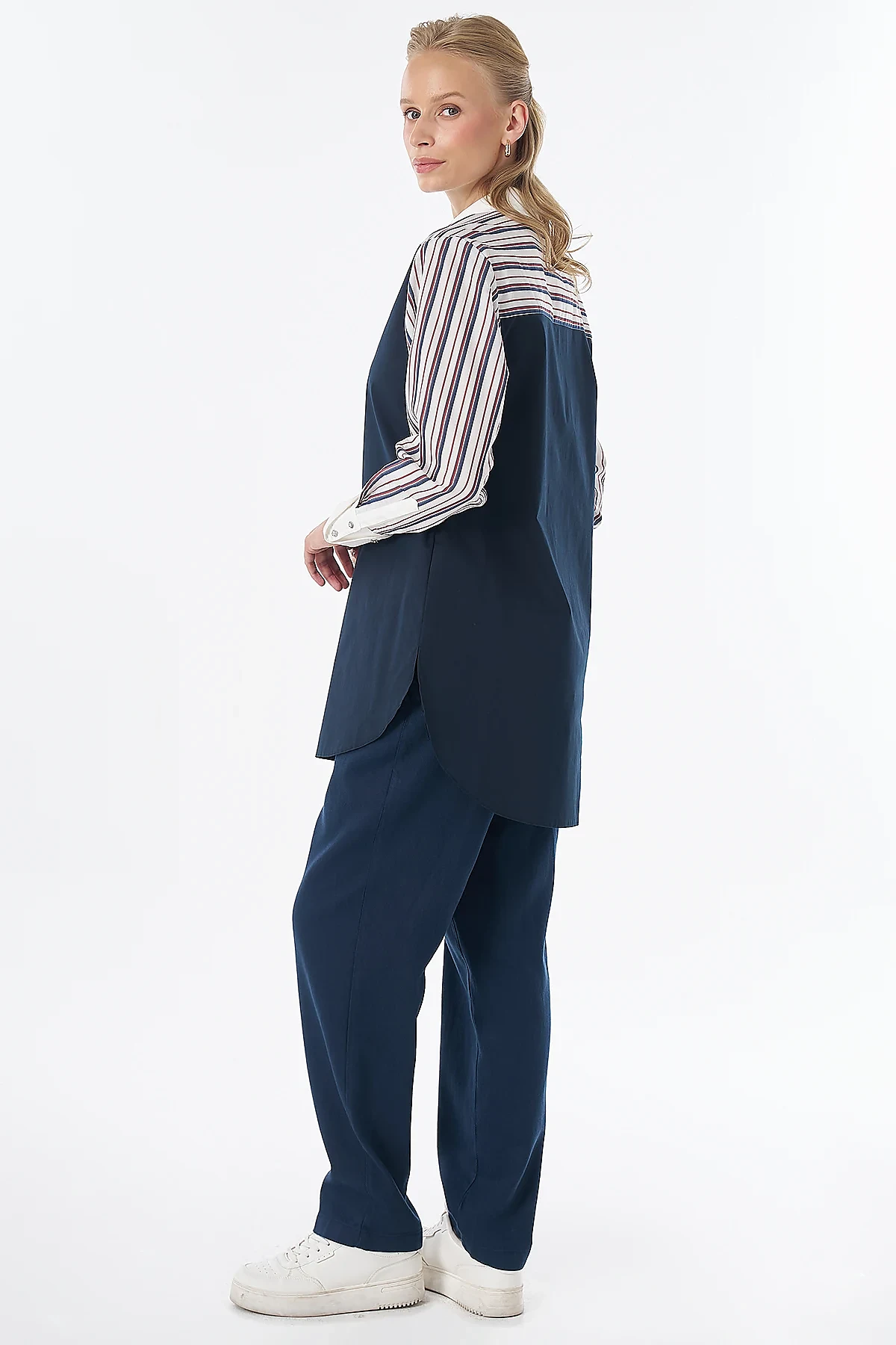 Striped Shirt-Collar Tunic Navy