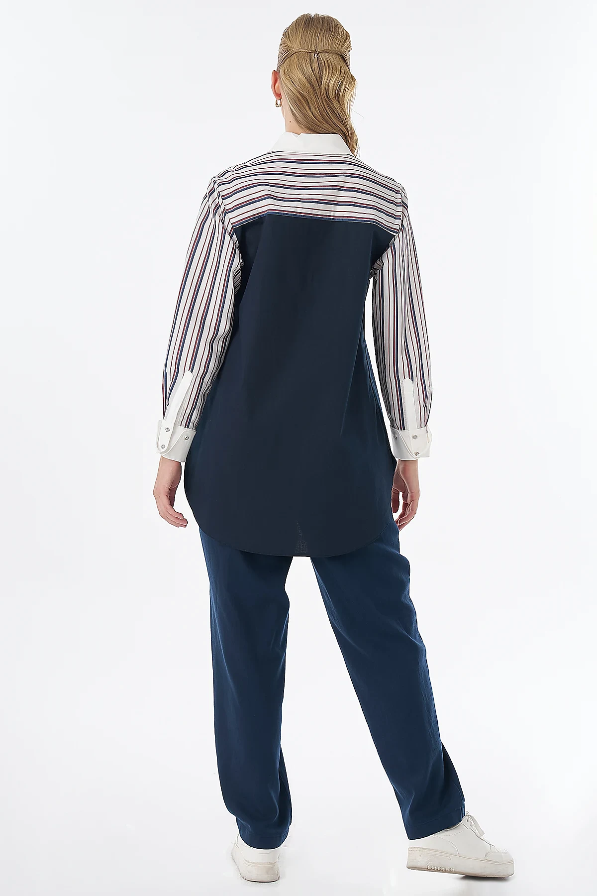 Striped Shirt-Collar Tunic Navy