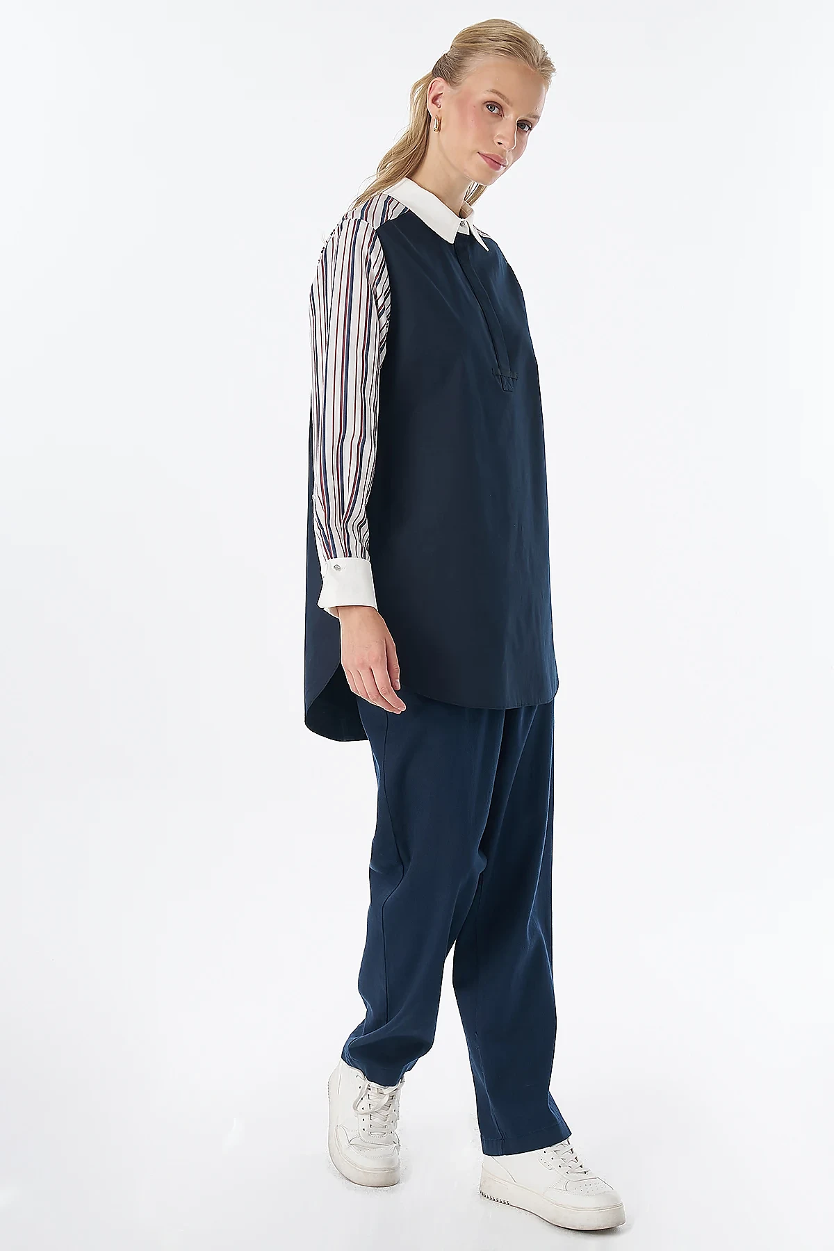 Striped Shirt-Collar Tunic Navy