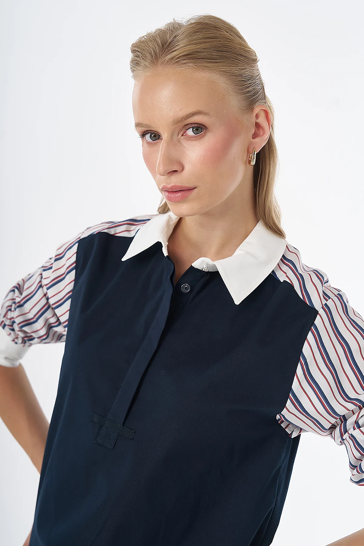 Striped Shirt-Collar Tunic Navy