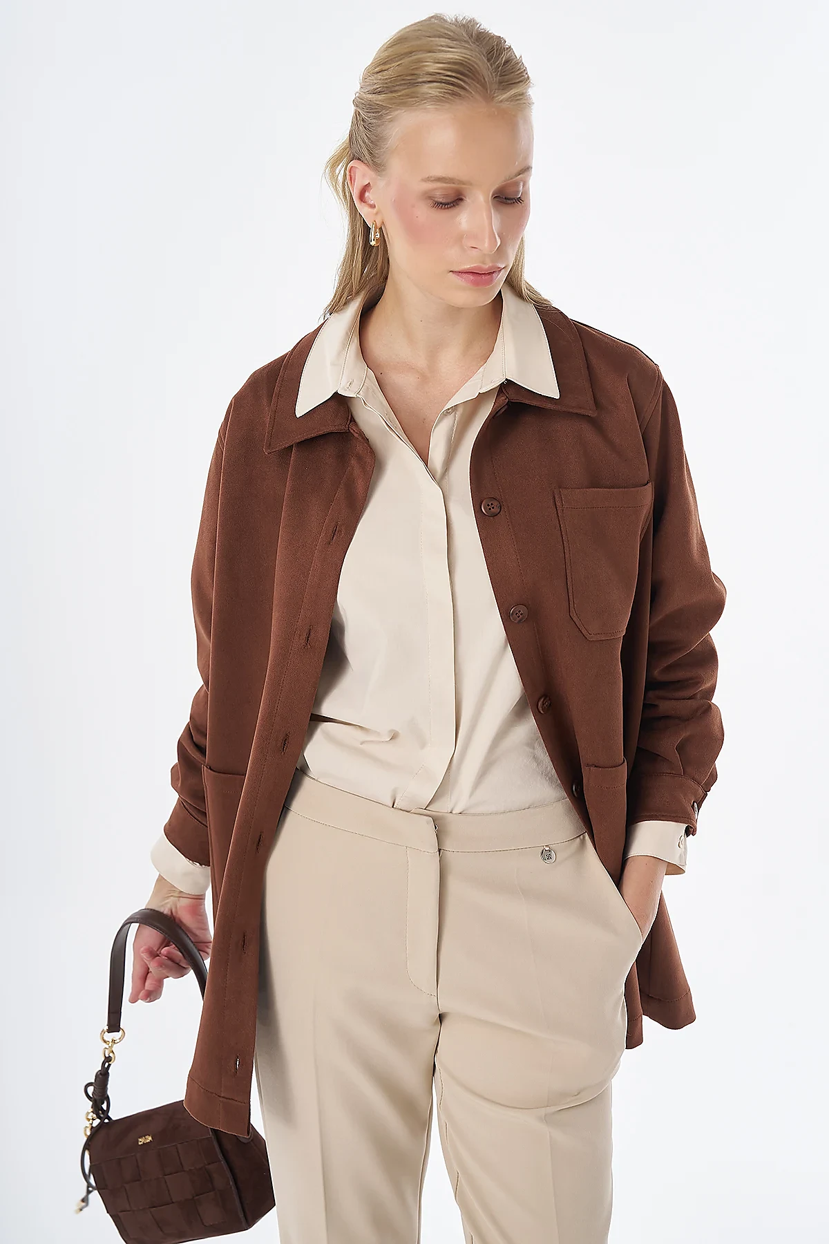 Suede Tunic with Patch Pockets Camel