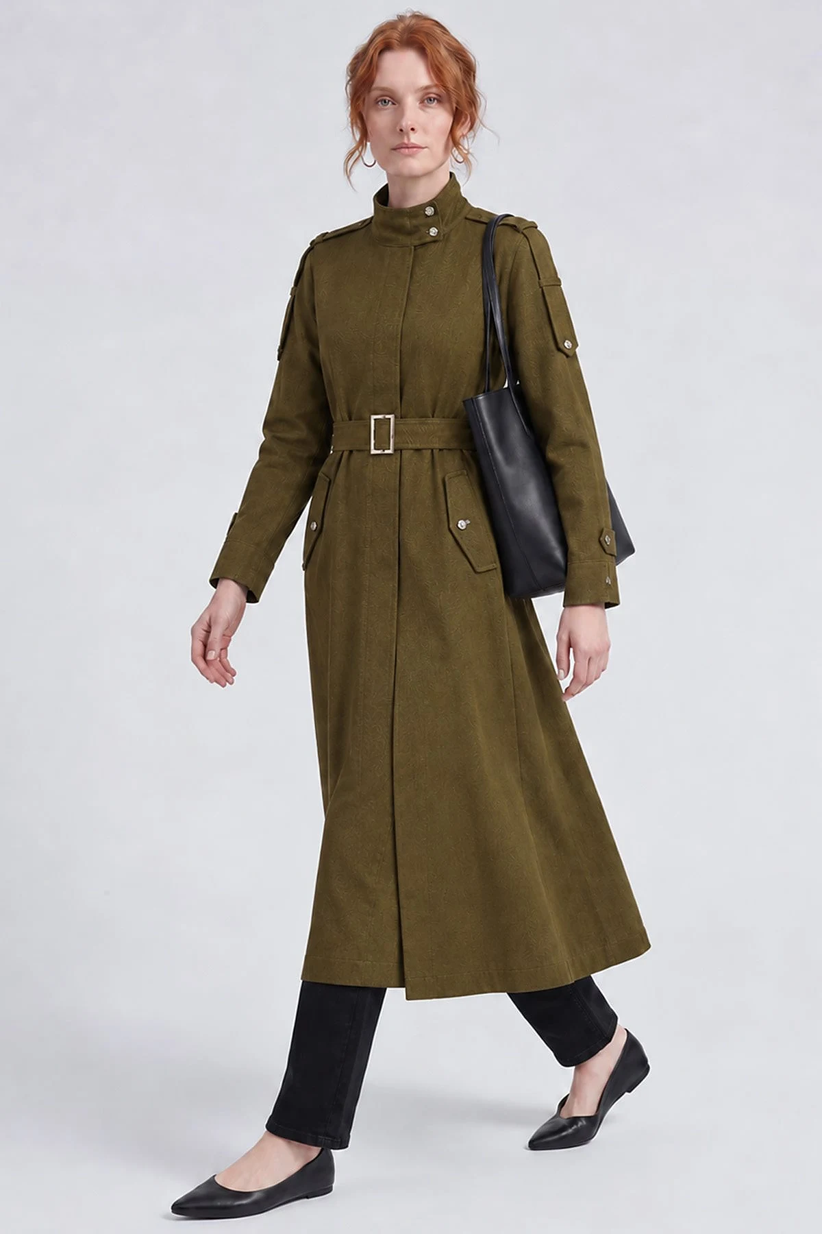Belt-Detail Linen Lyocell Coat Dark Khaki