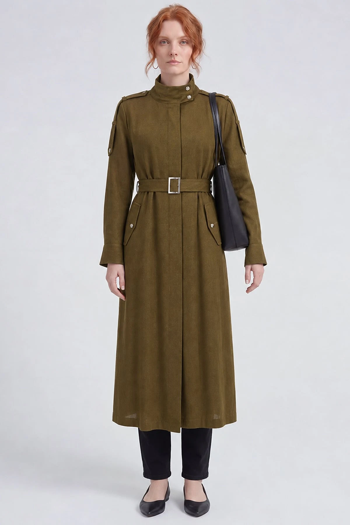 Belt-Detail Linen Lyocell Coat Dark Khaki