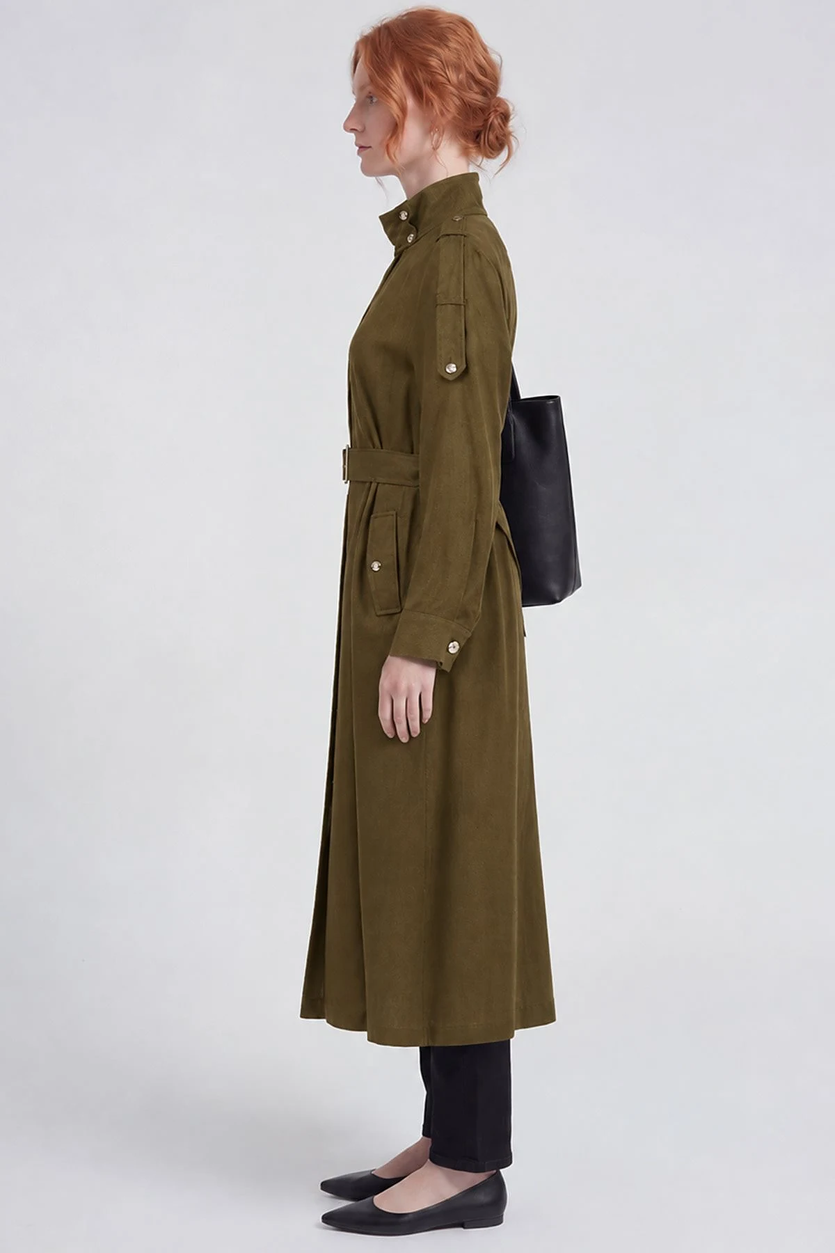 Belt-Detail Linen Lyocell Coat Dark Khaki