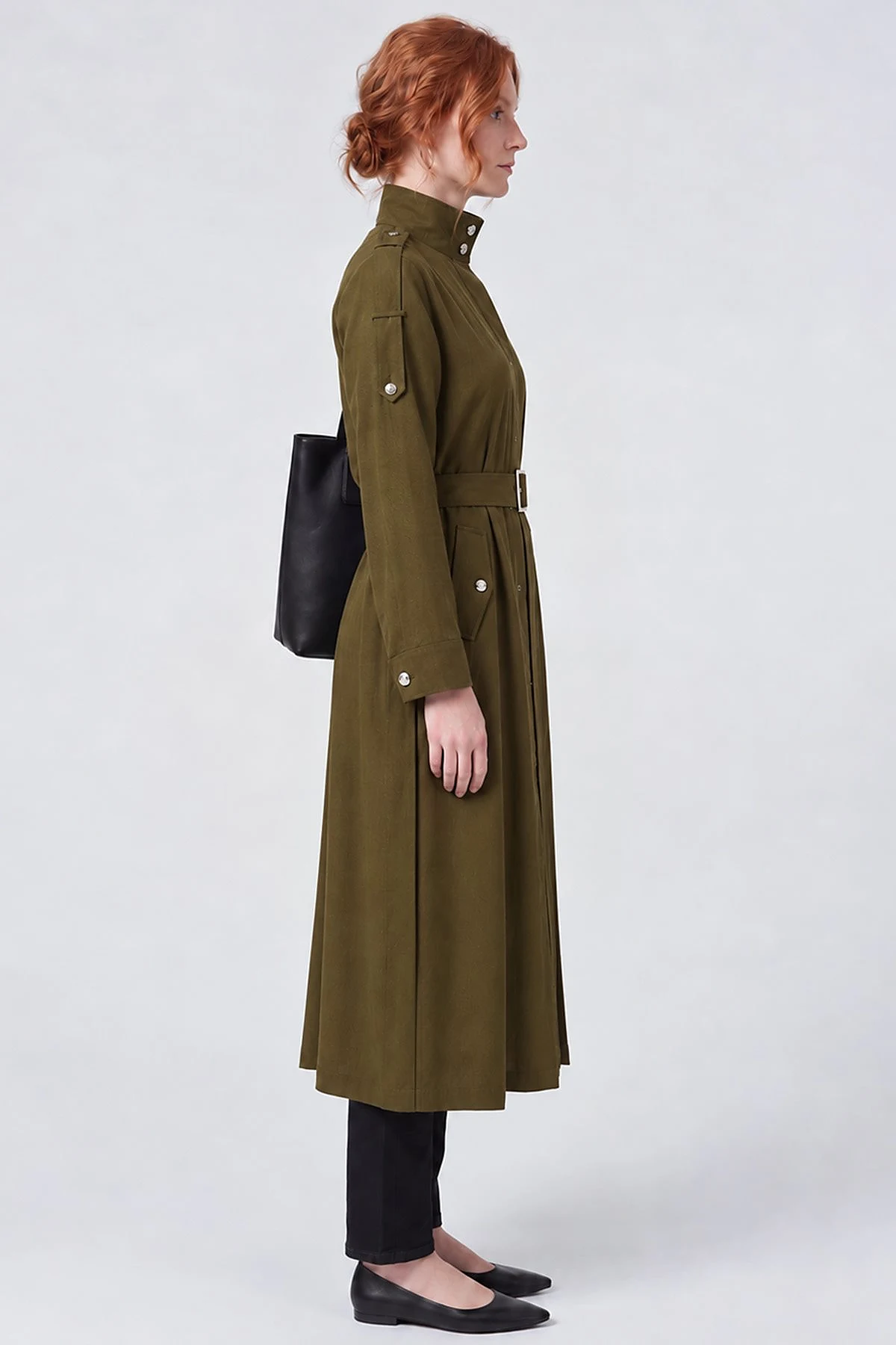 Belt-Detail Linen Lyocell Coat Dark Khaki