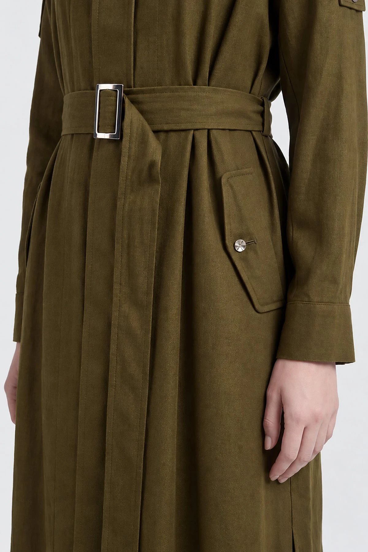 Belt-Detail Linen Lyocell Coat Dark Khaki