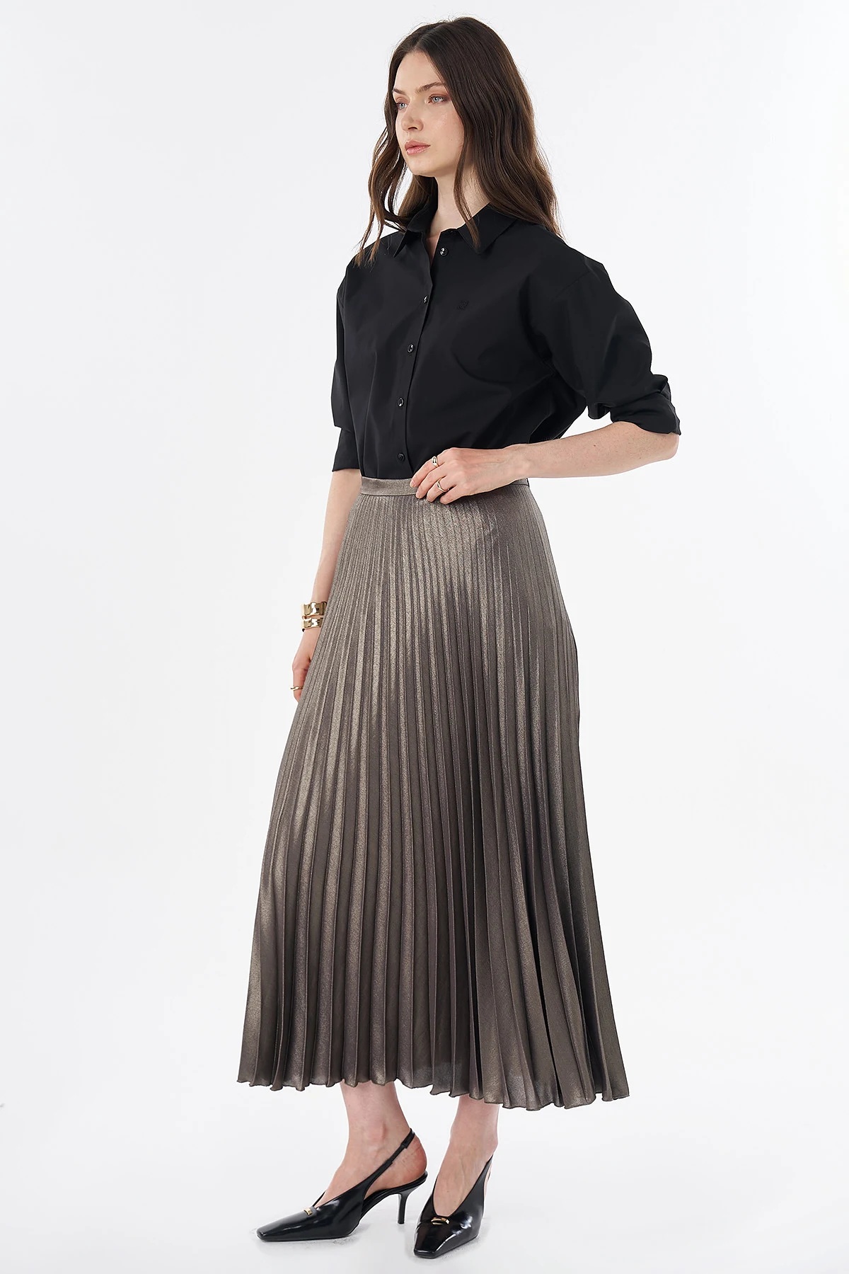 Shiny Pleated Skirt Khaki