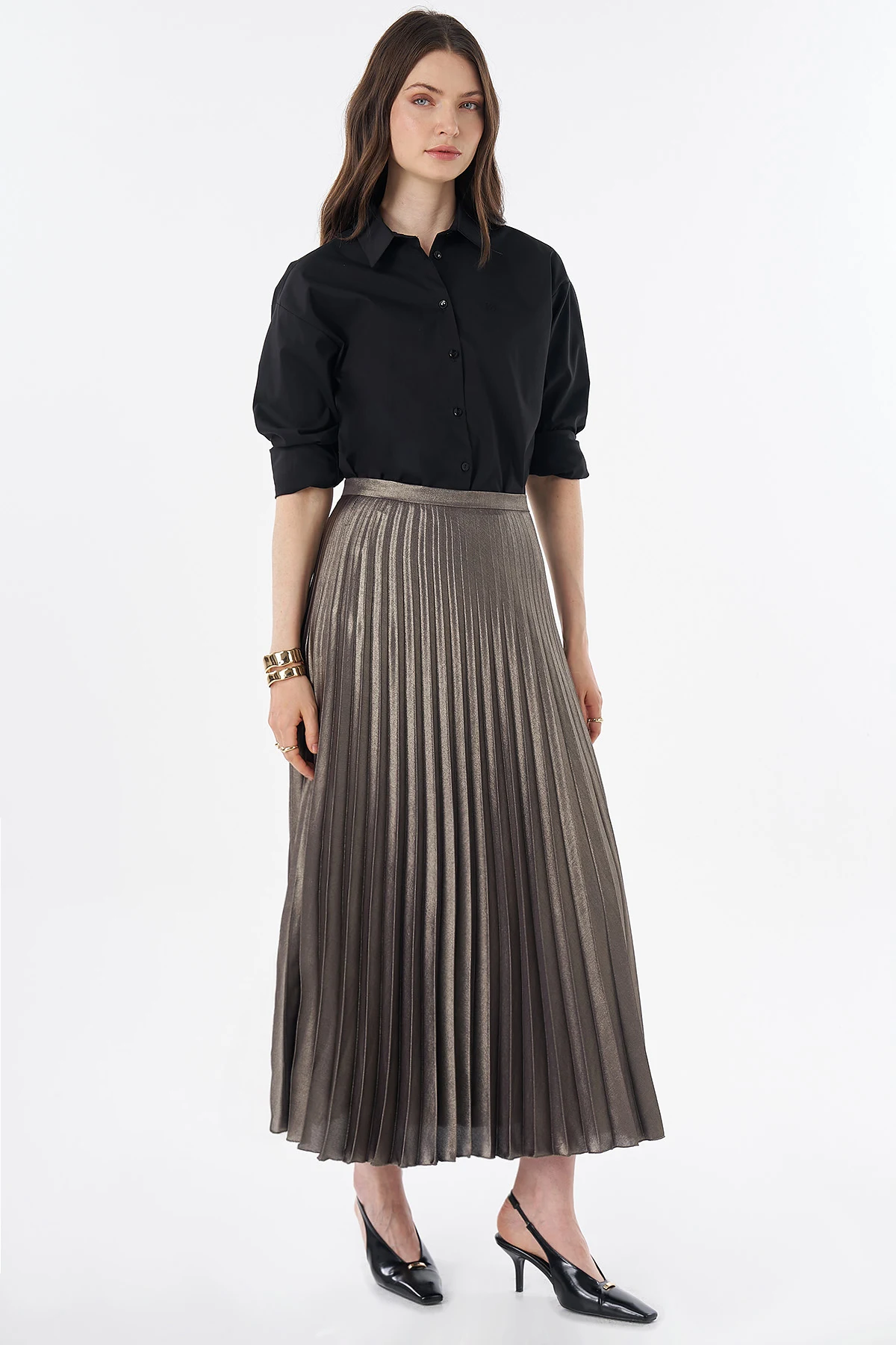 Shiny Pleated Skirt Khaki