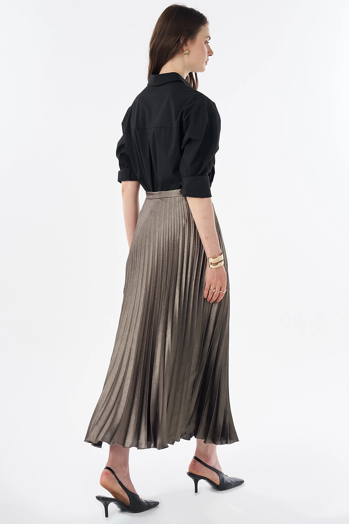 Shiny Pleated Skirt Khaki