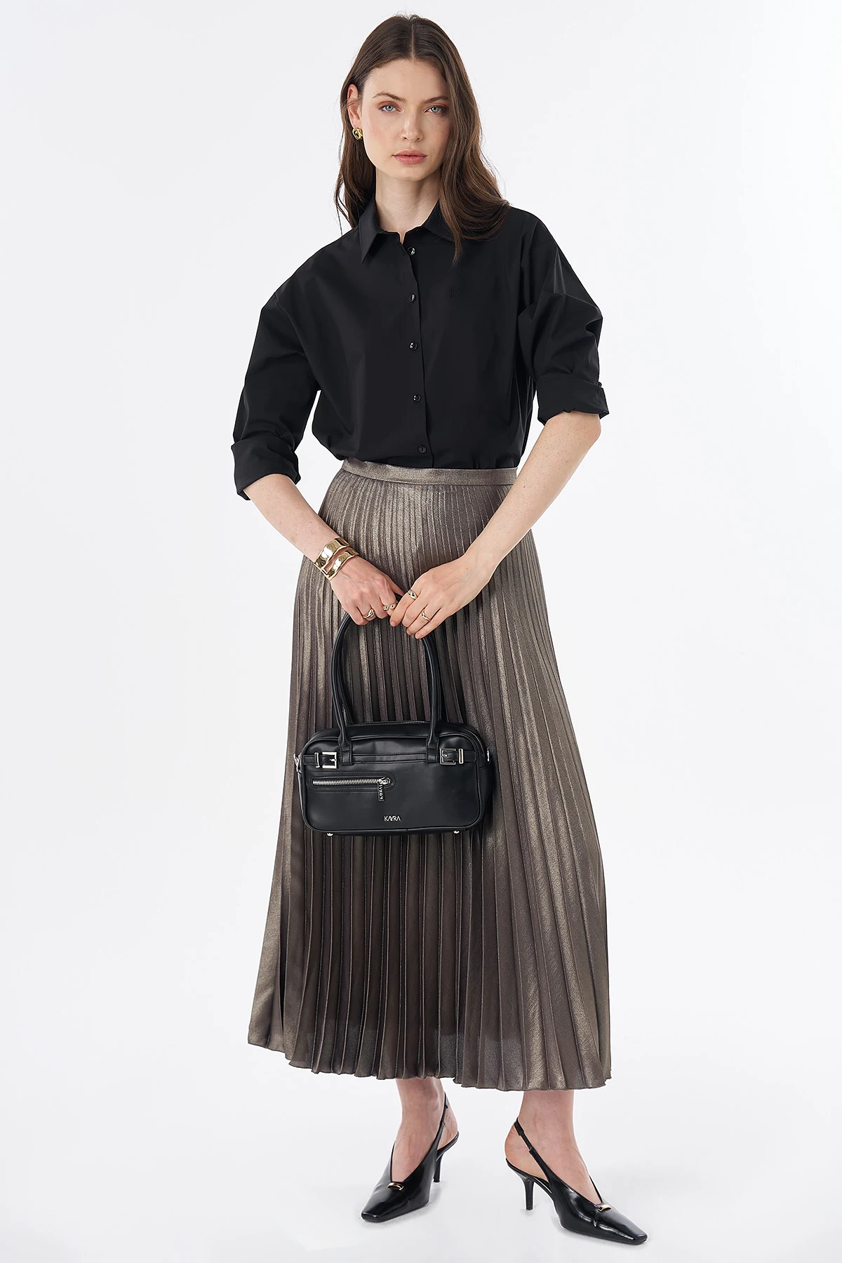 Shiny Pleated Skirt Khaki