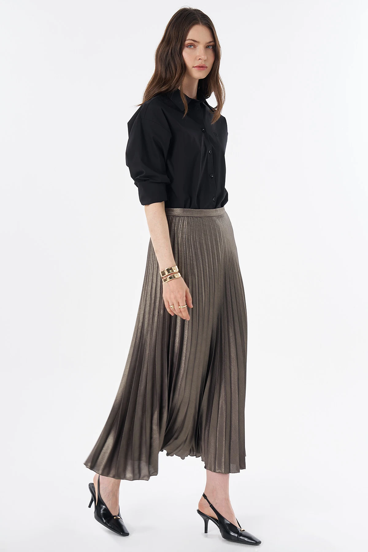 Shiny Pleated Skirt Khaki
