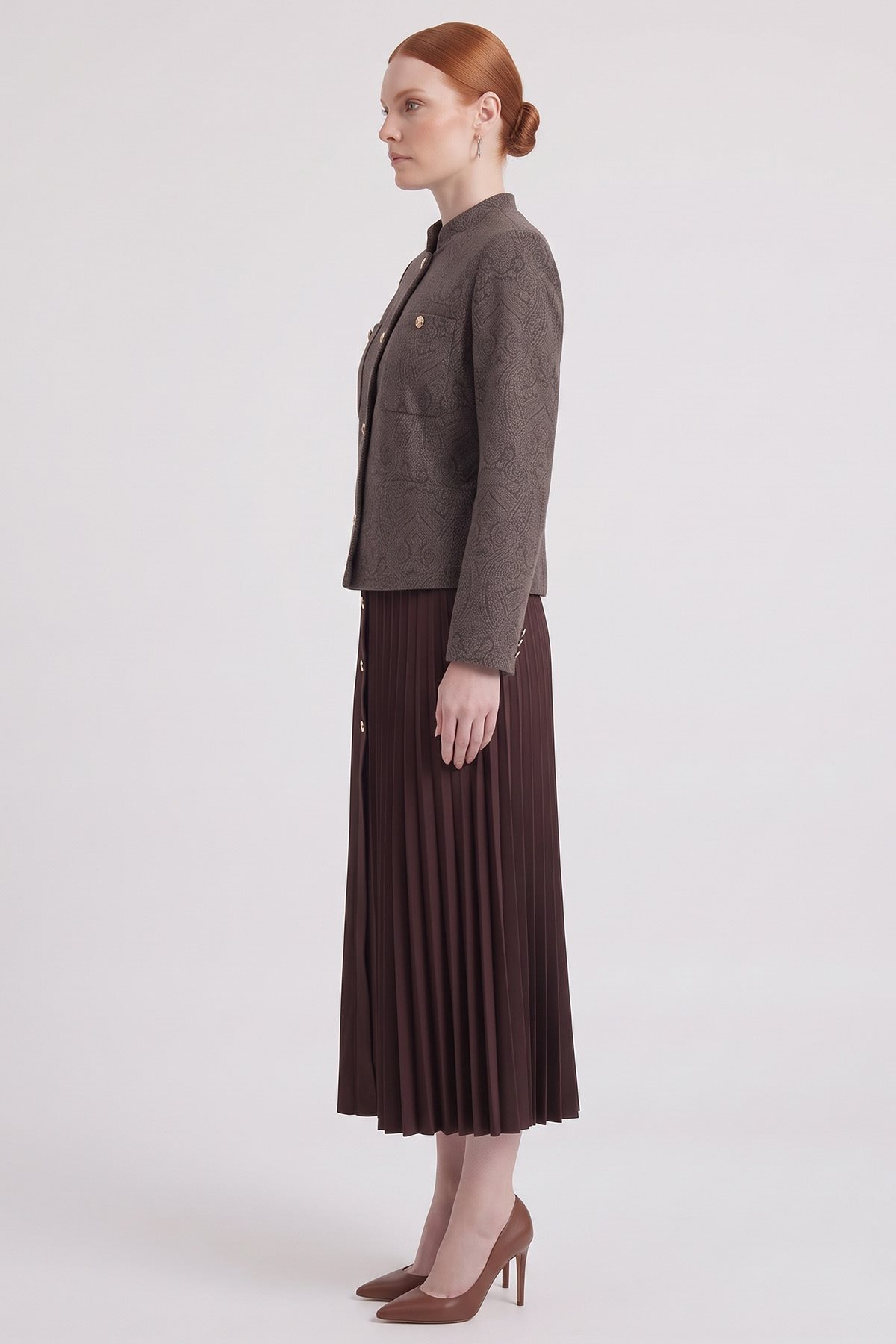 Scarf Pattern Skirt Set Brown