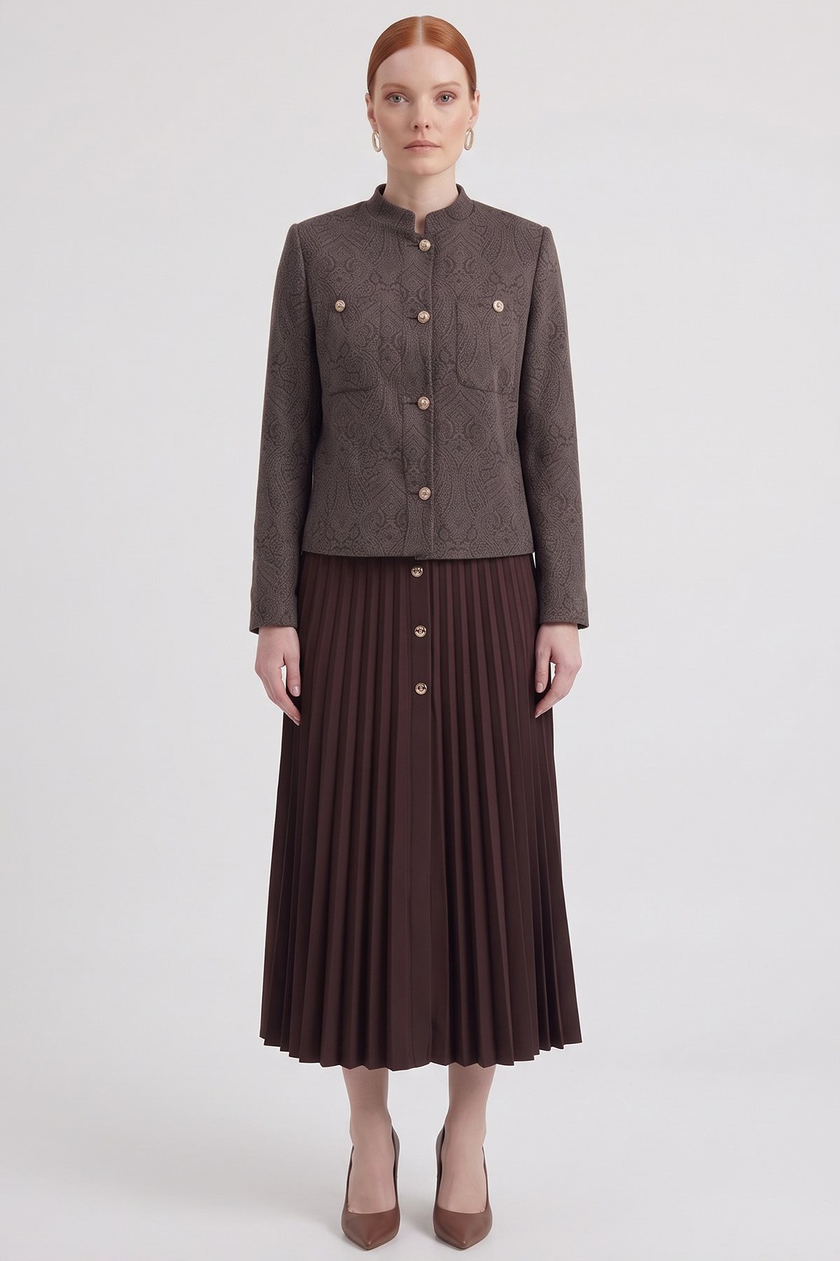 Scarf Pattern Skirt Set Brown