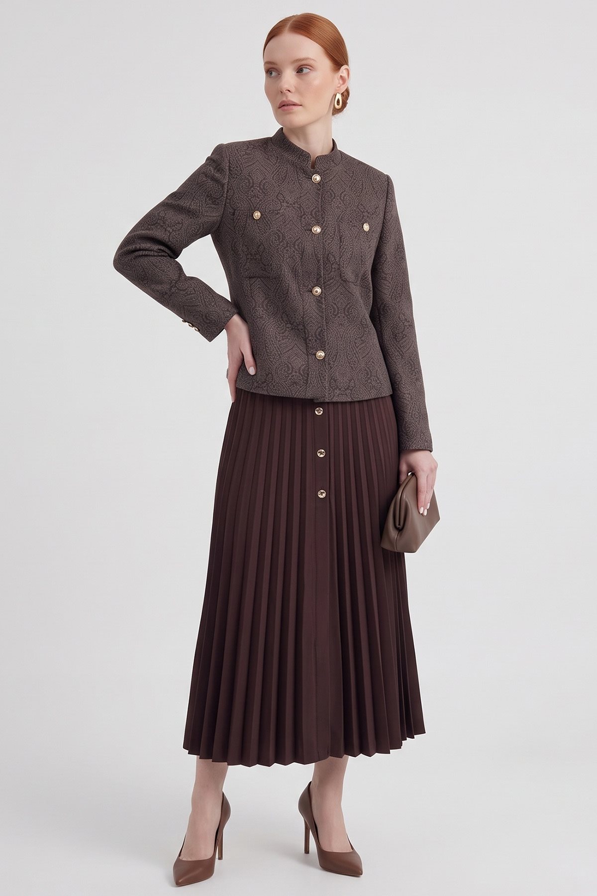 Scarf Pattern Skirt Set Brown