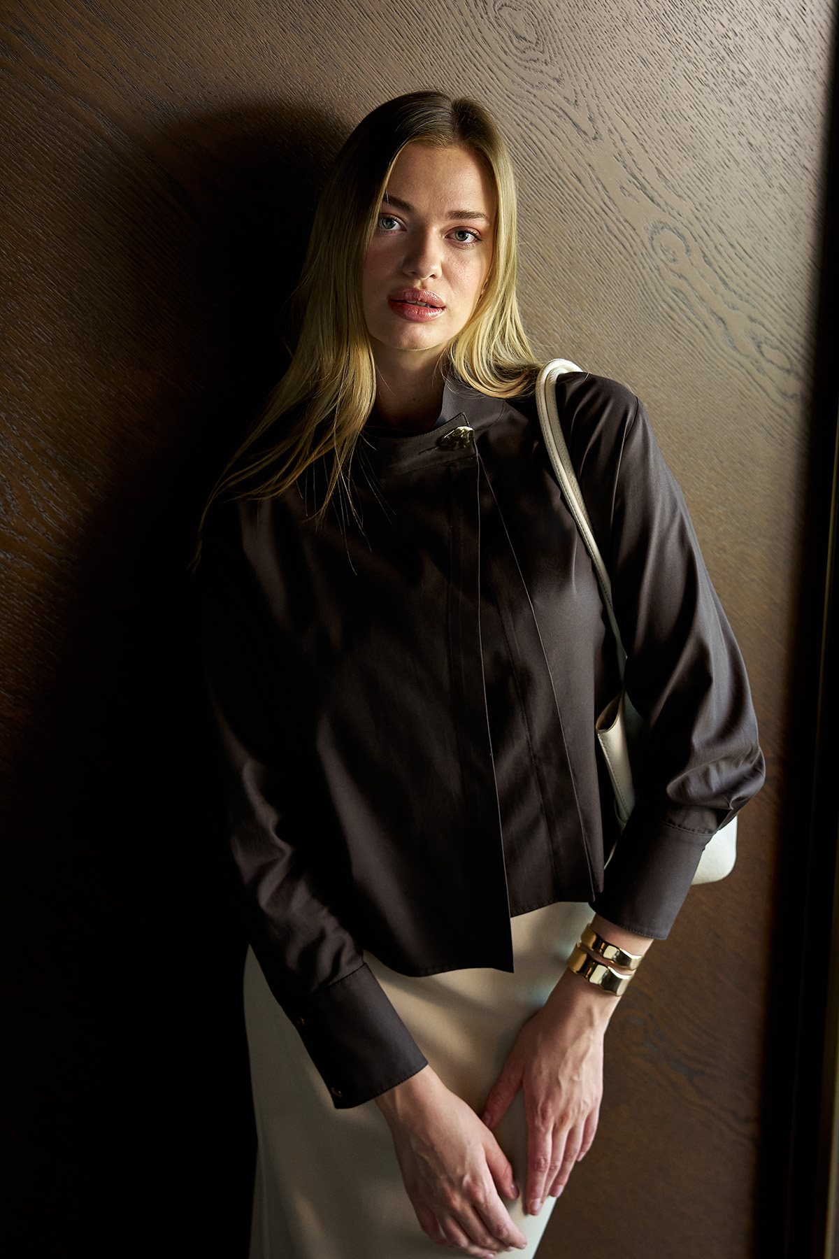 Shiny-Button Cotton Lyocell Blouse Brown