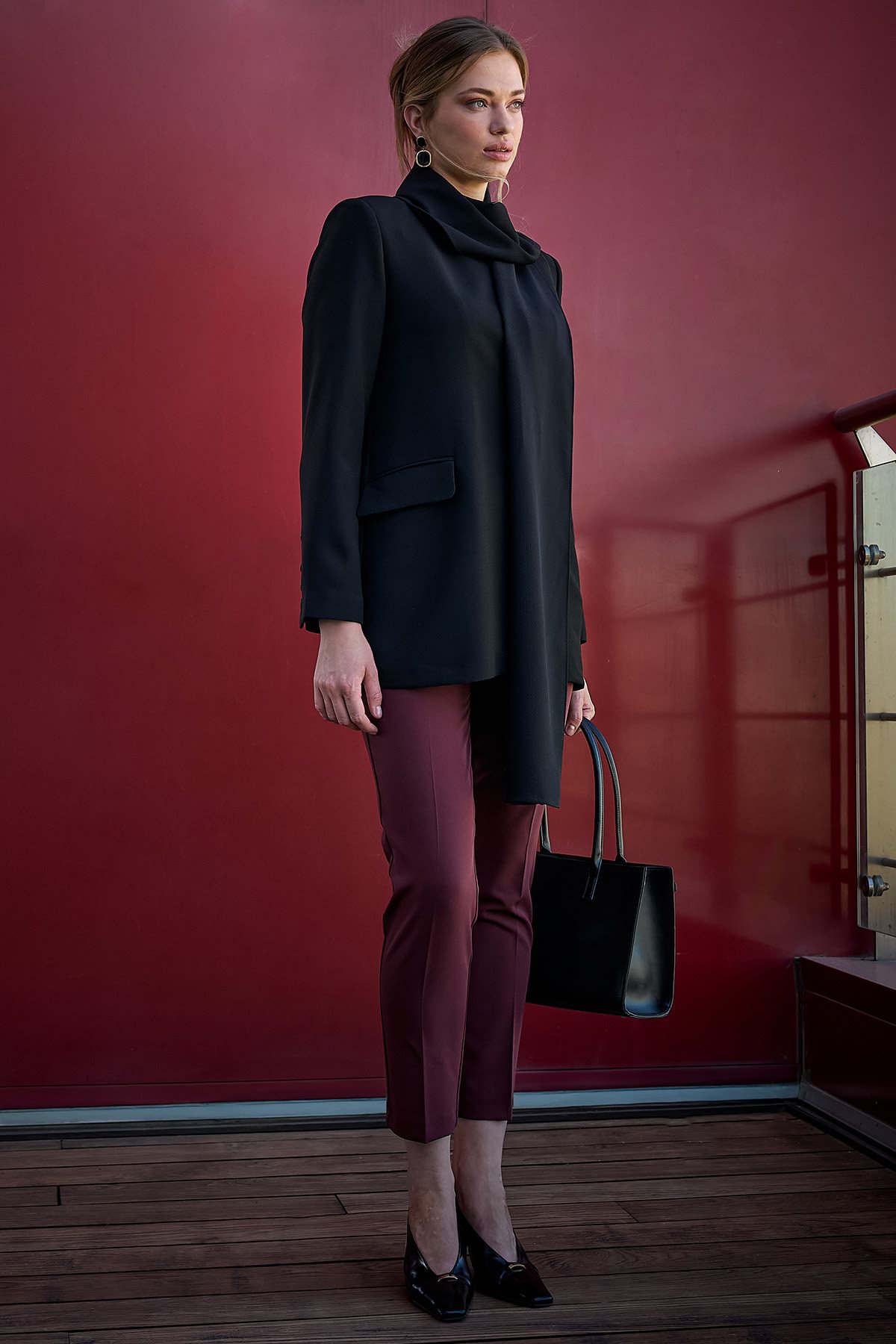 Pocket Detail Basic Tailored Trousers – Burgundy