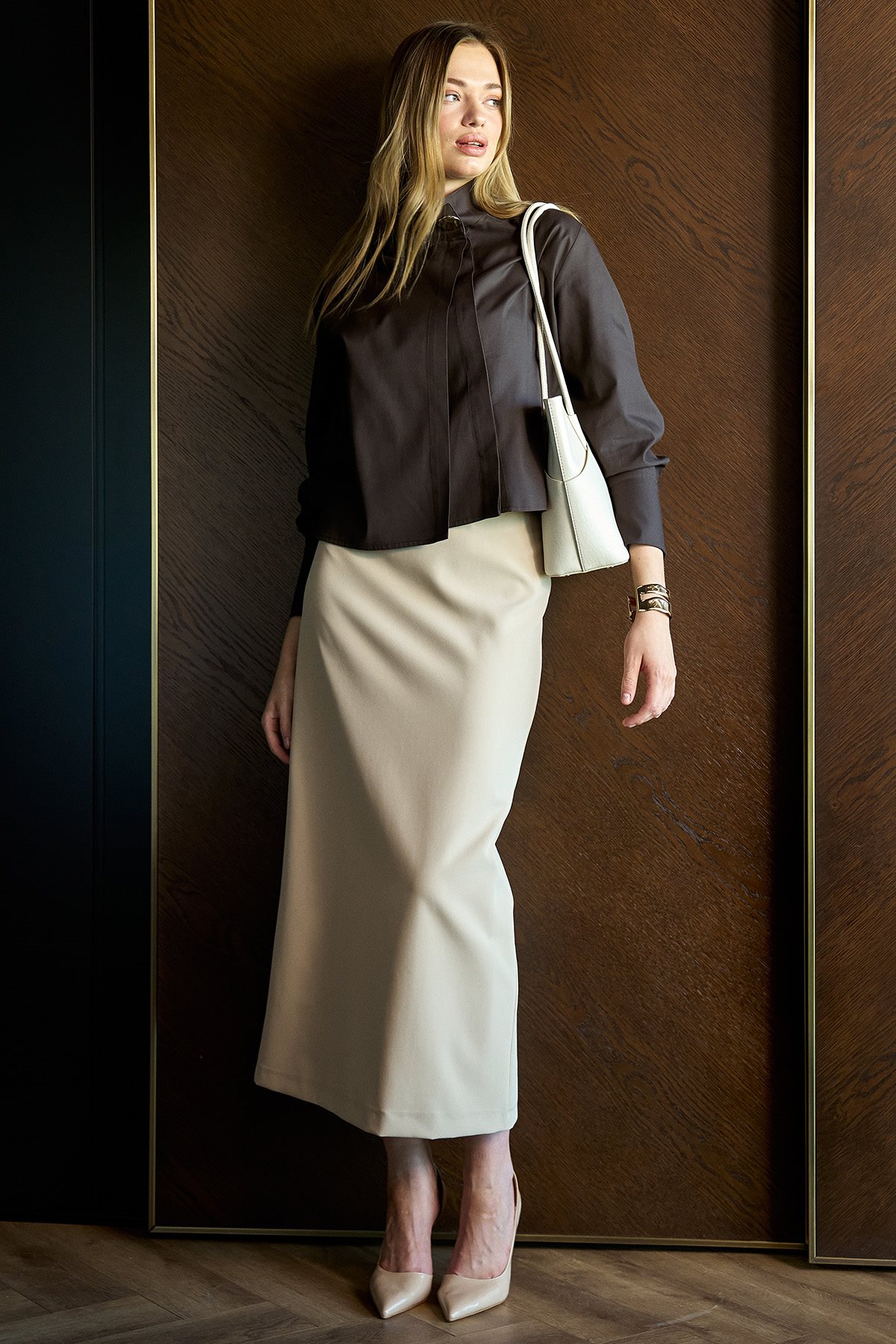 High-Waist Pencil Skirt - Stone