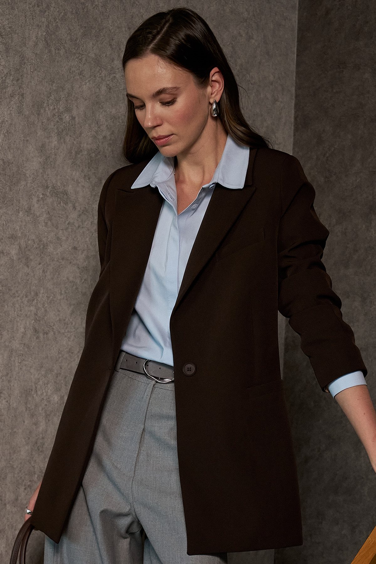 Shirt Collar Cotton Basic Blouse Ice Blue