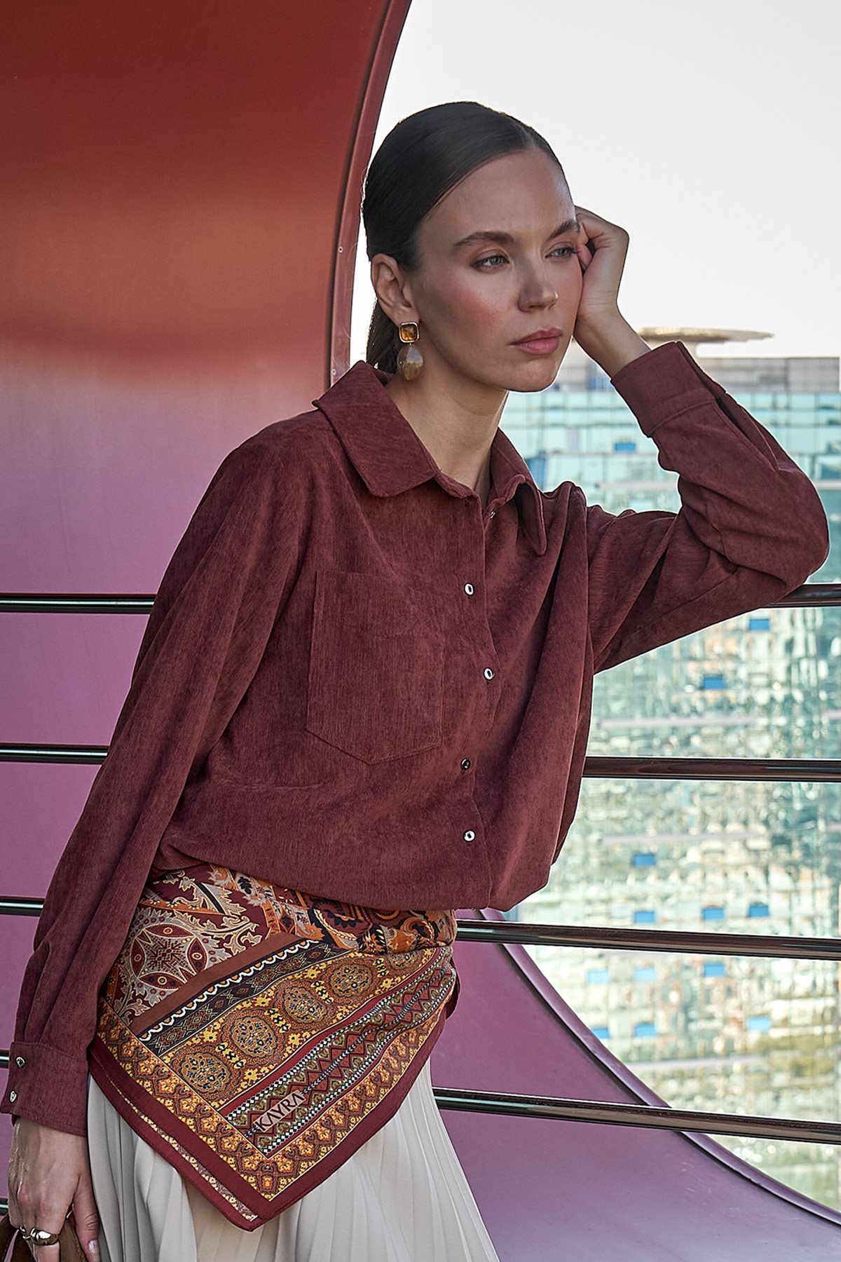 Shirt-Collar Velvet Blouse Terracotta