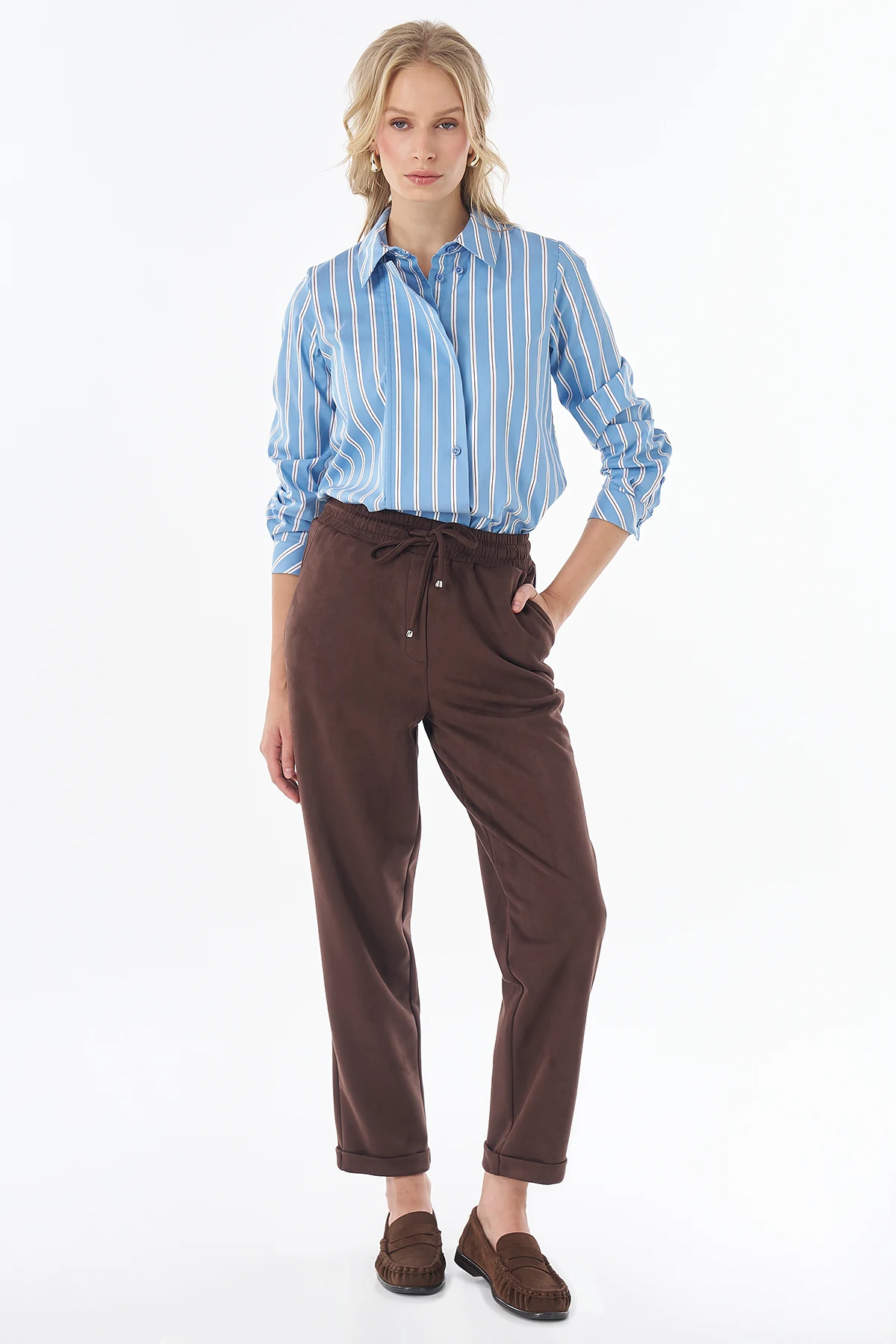Bağcıklı Süet Pantolon Kahve