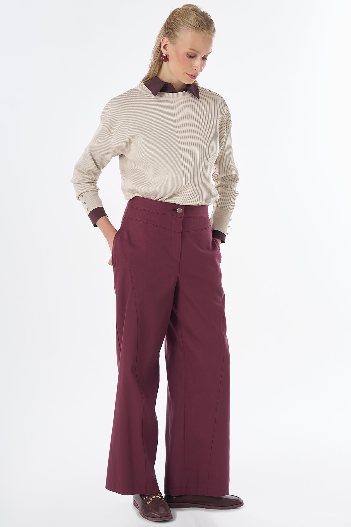 Dikiş Detaylı Pantolon Bordo