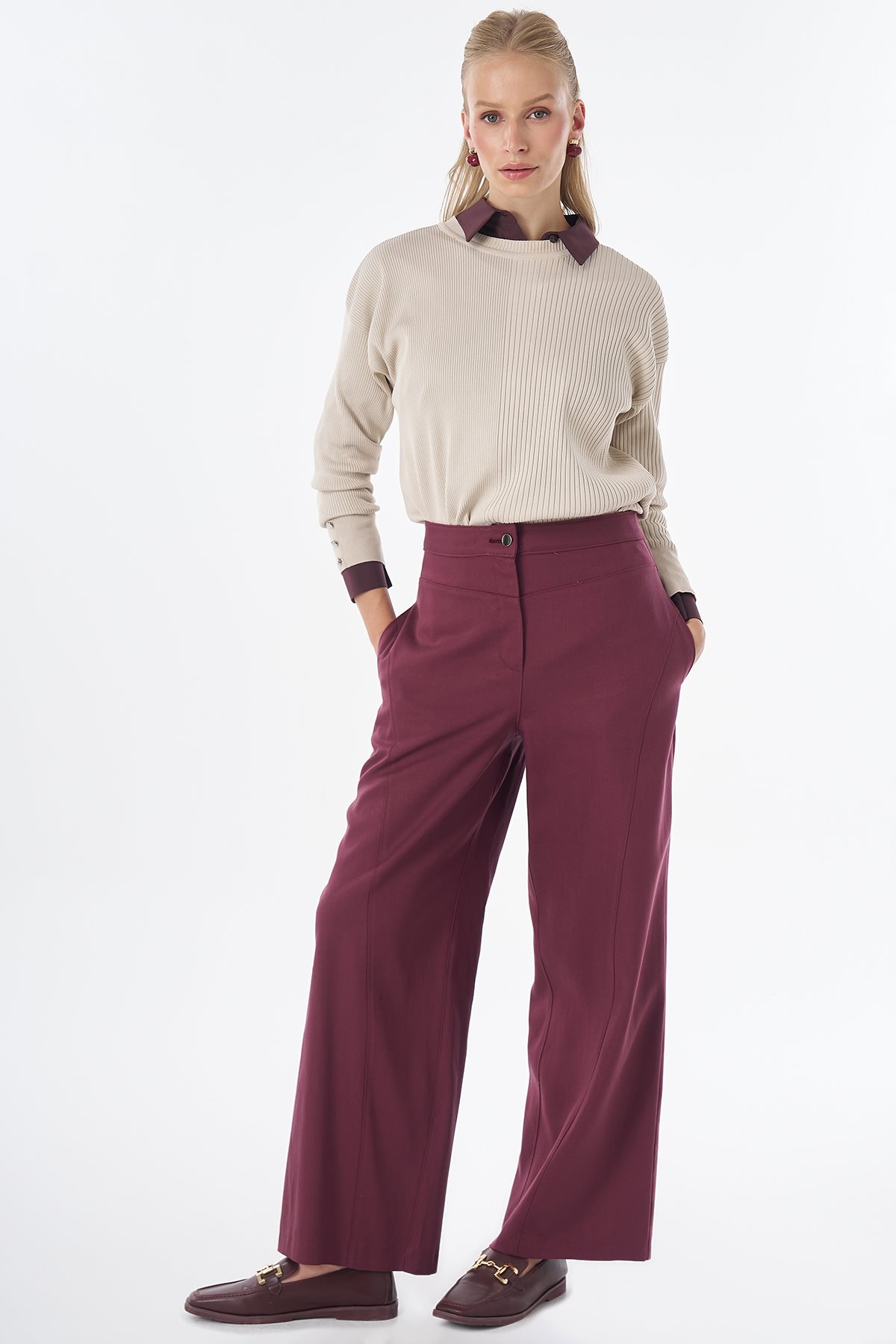 Dikiş Detaylı Pantolon Bordo