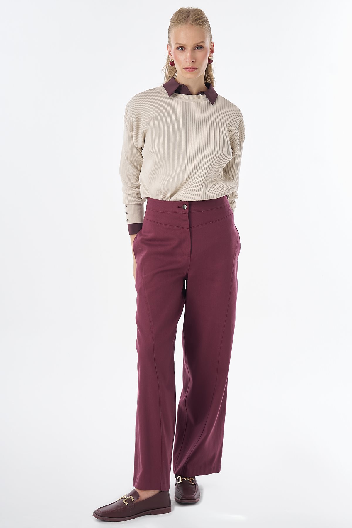 Dikiş Detaylı Pantolon Bordo