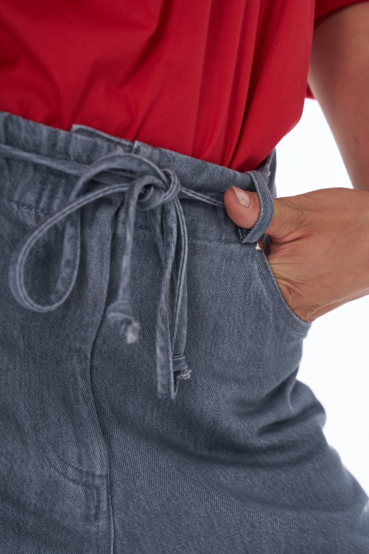 Bağcık Detaylı Yıkamalı Pantolon Mavi