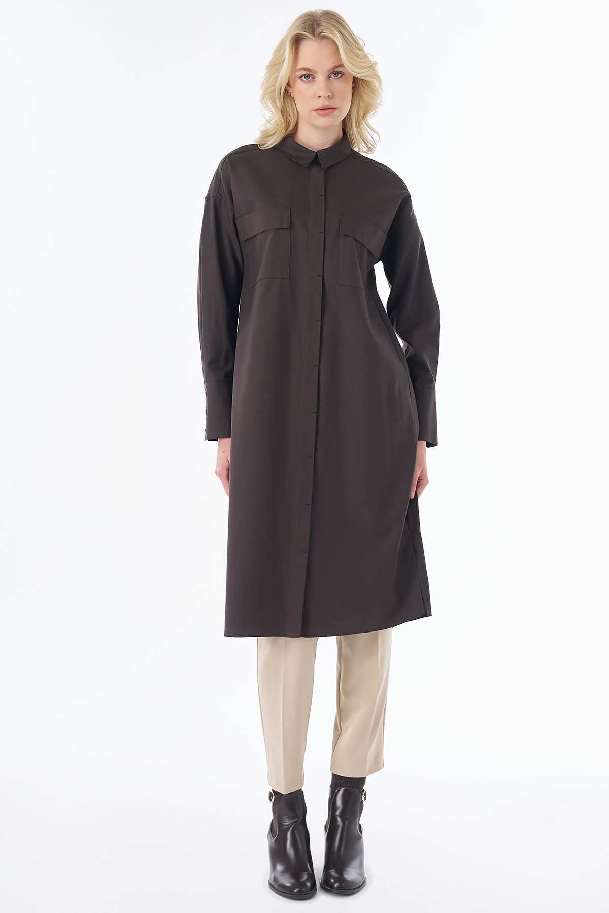 Wide Cuff Lyocell Cotton Tunic Brown
