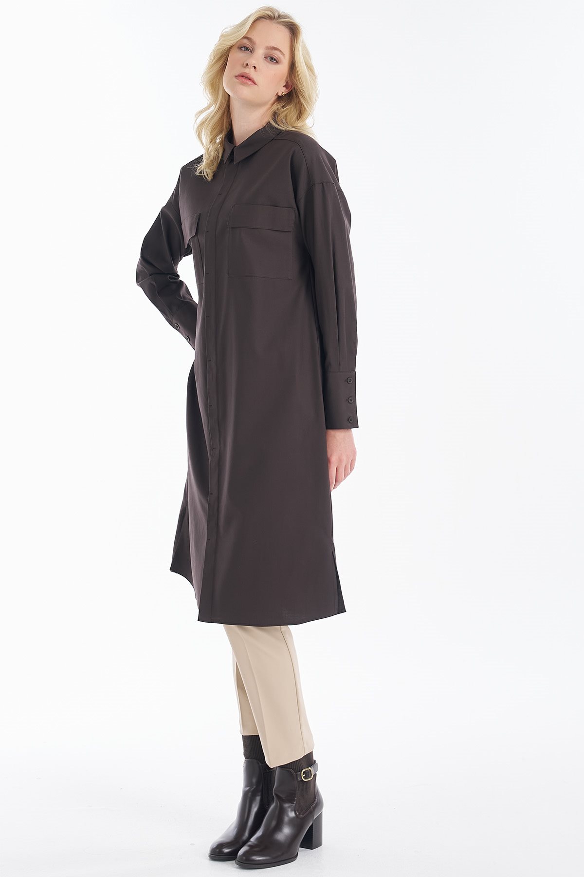 Wide Cuff Lyocell Cotton Tunic Brown