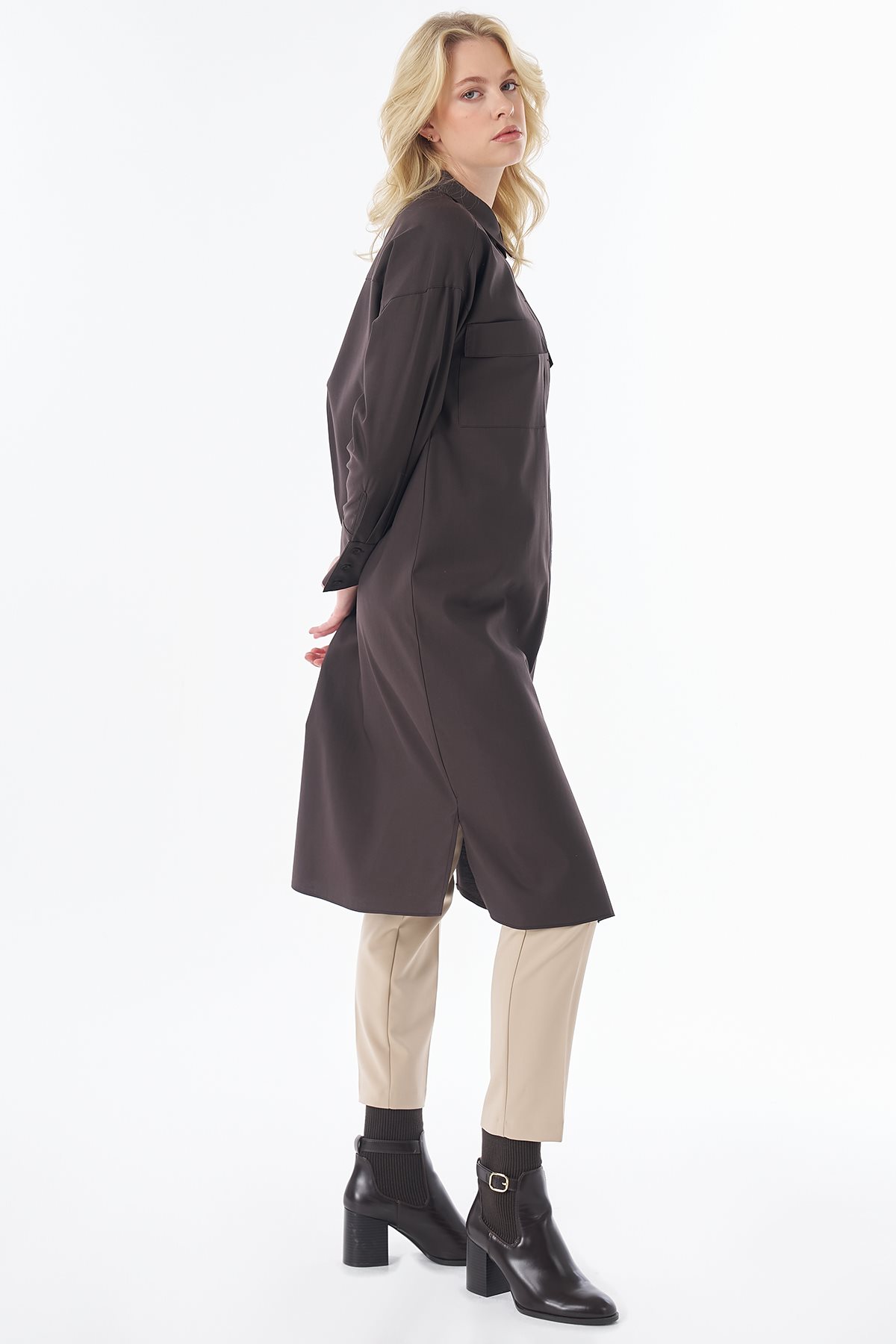 Wide Cuff Lyocell Cotton Tunic Brown
