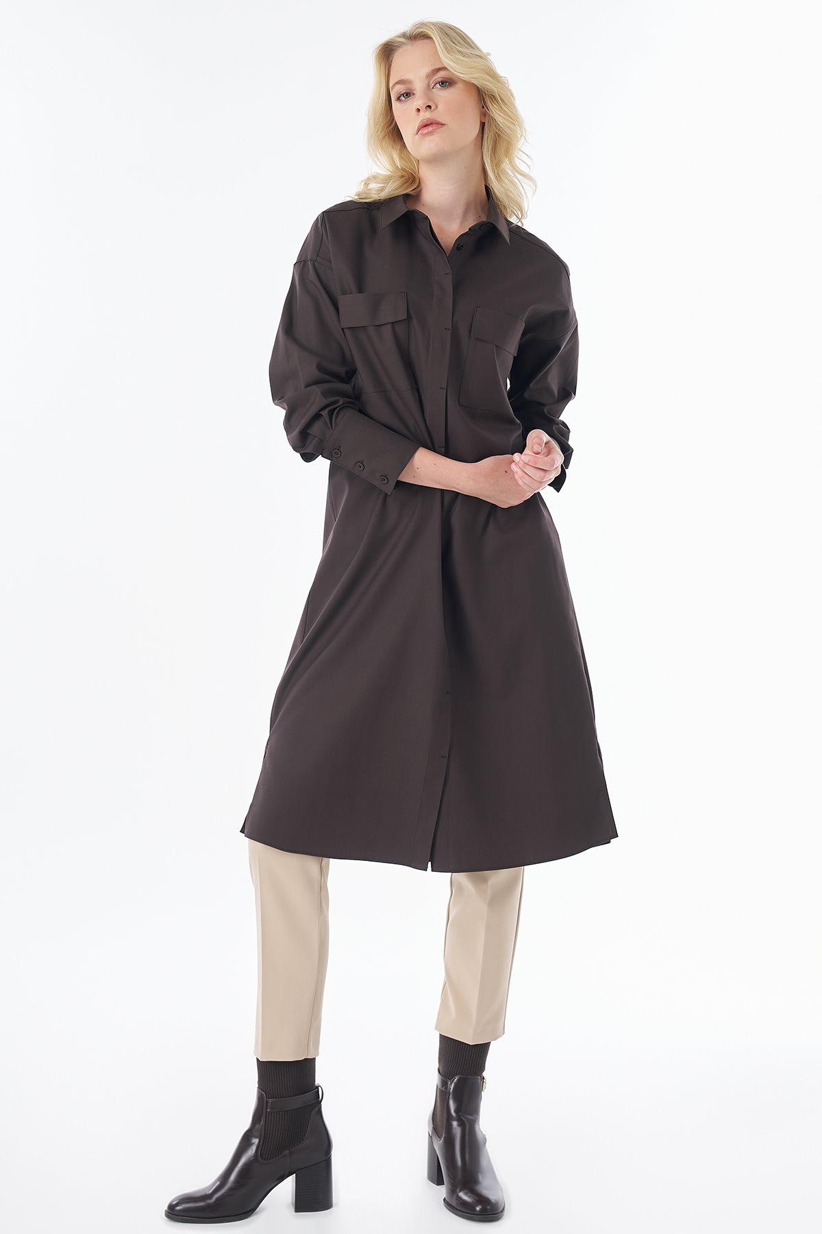 Wide Cuff Lyocell Cotton Tunic Brown