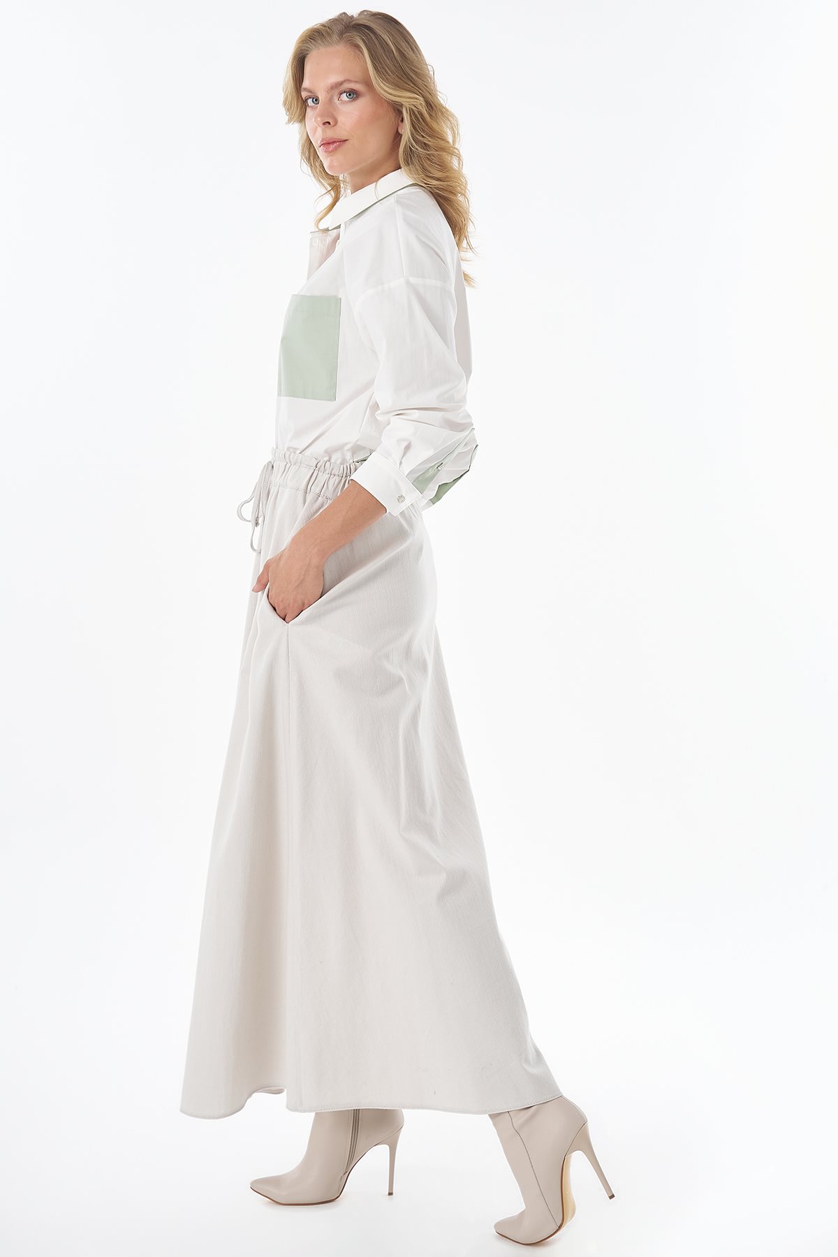 Elastic-Waist Non Denim Skirt Gray