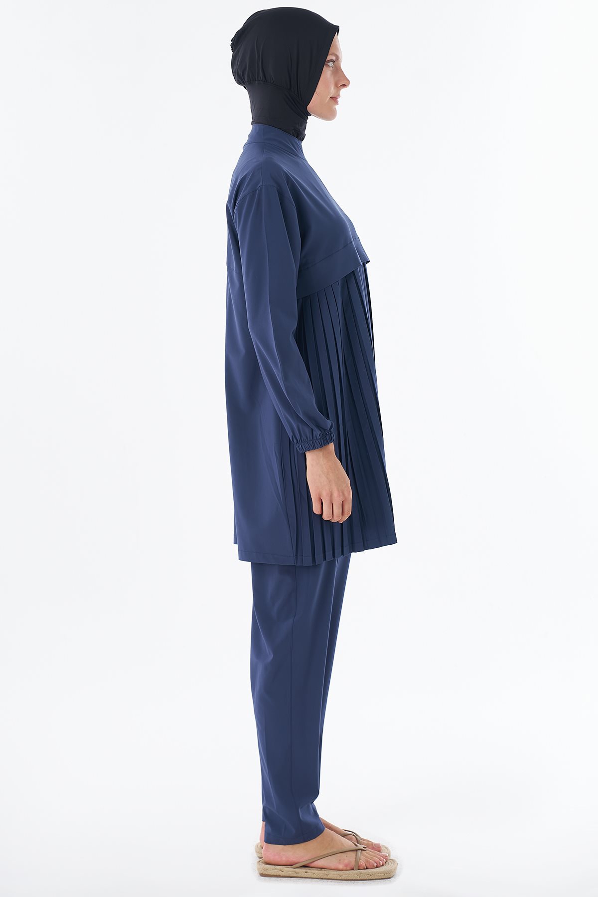 Pleated Detail Modest Swimsuit Navy