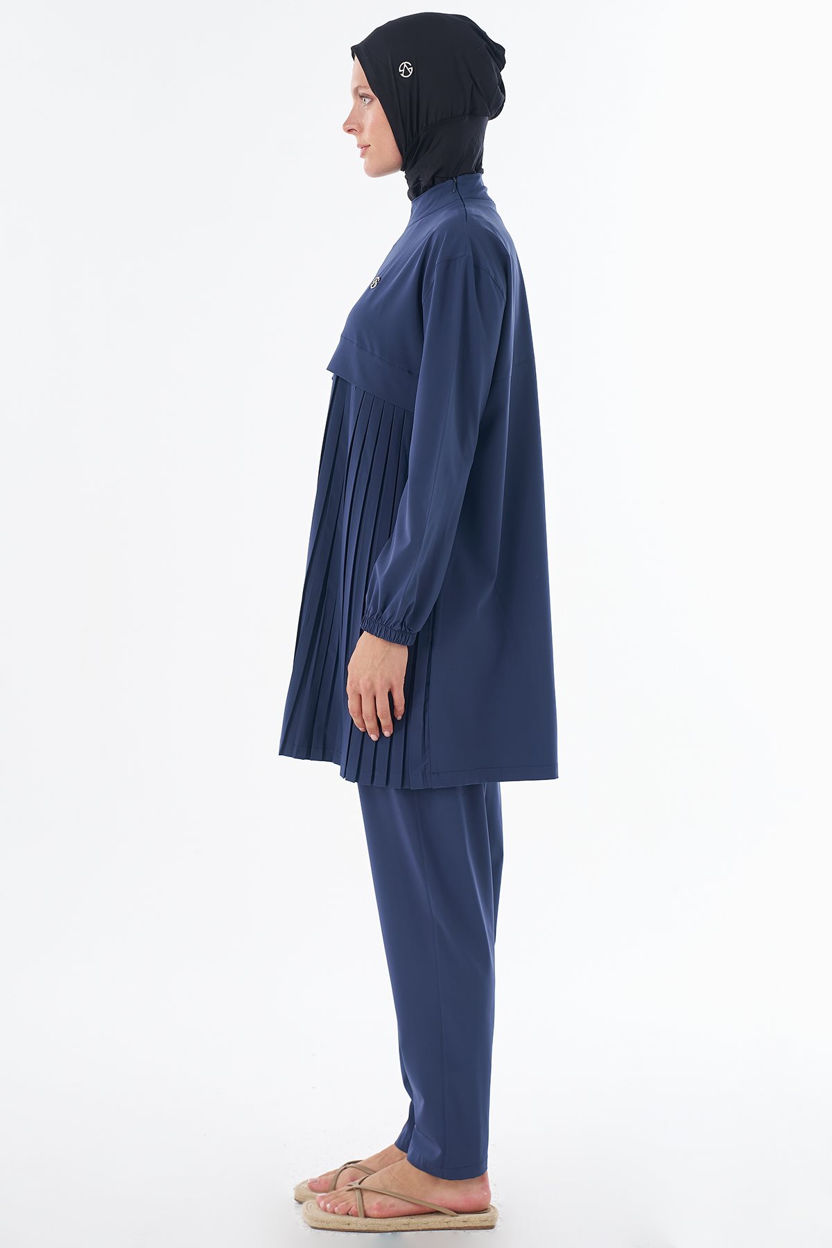 Pleated Detail Modest Swimsuit Navy