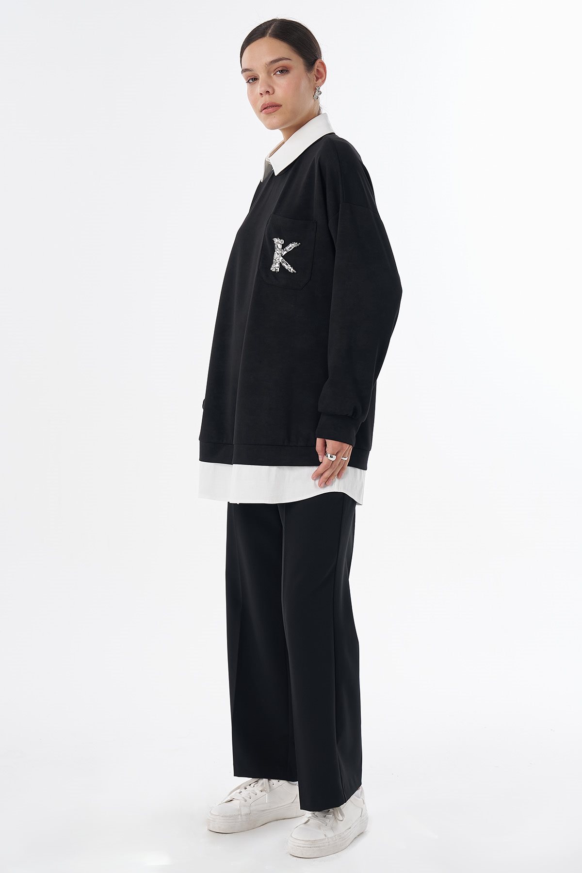 Gömlek Detaylı Sweatshirt Siyah 