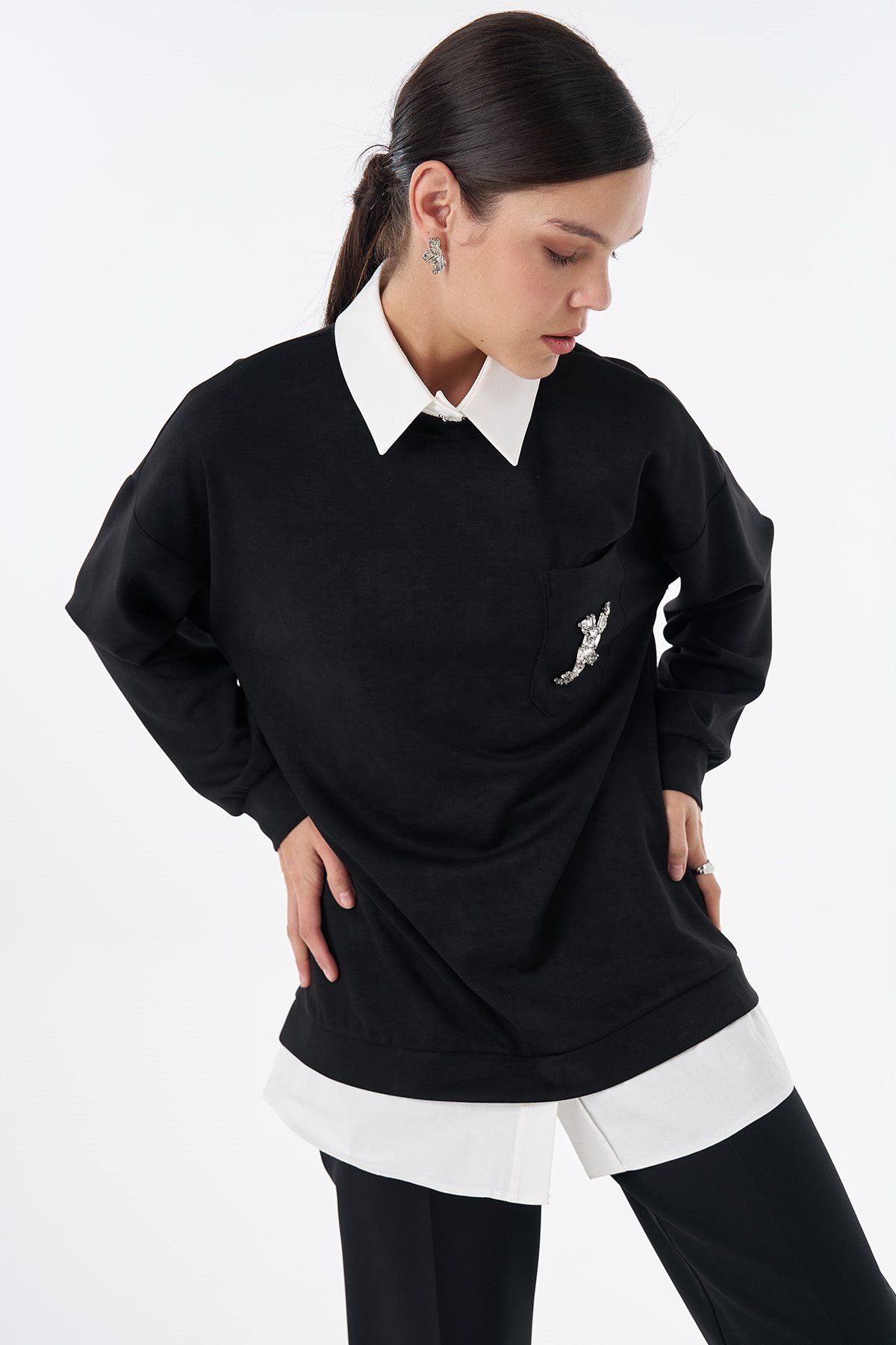 Gömlek Detaylı Sweatshirt Siyah 