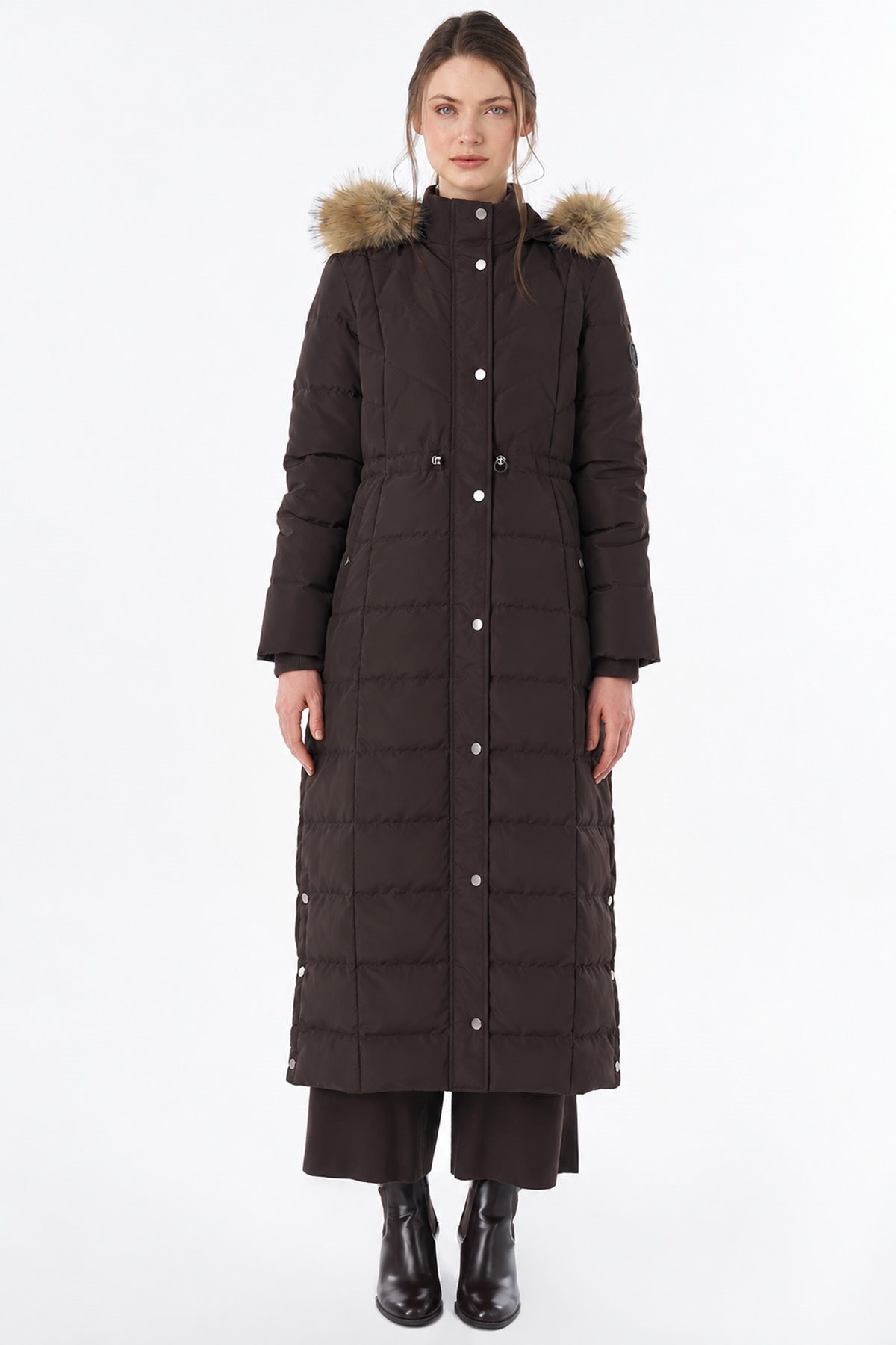 Elastic-Waist Goose Down-Filled Jacket Brown