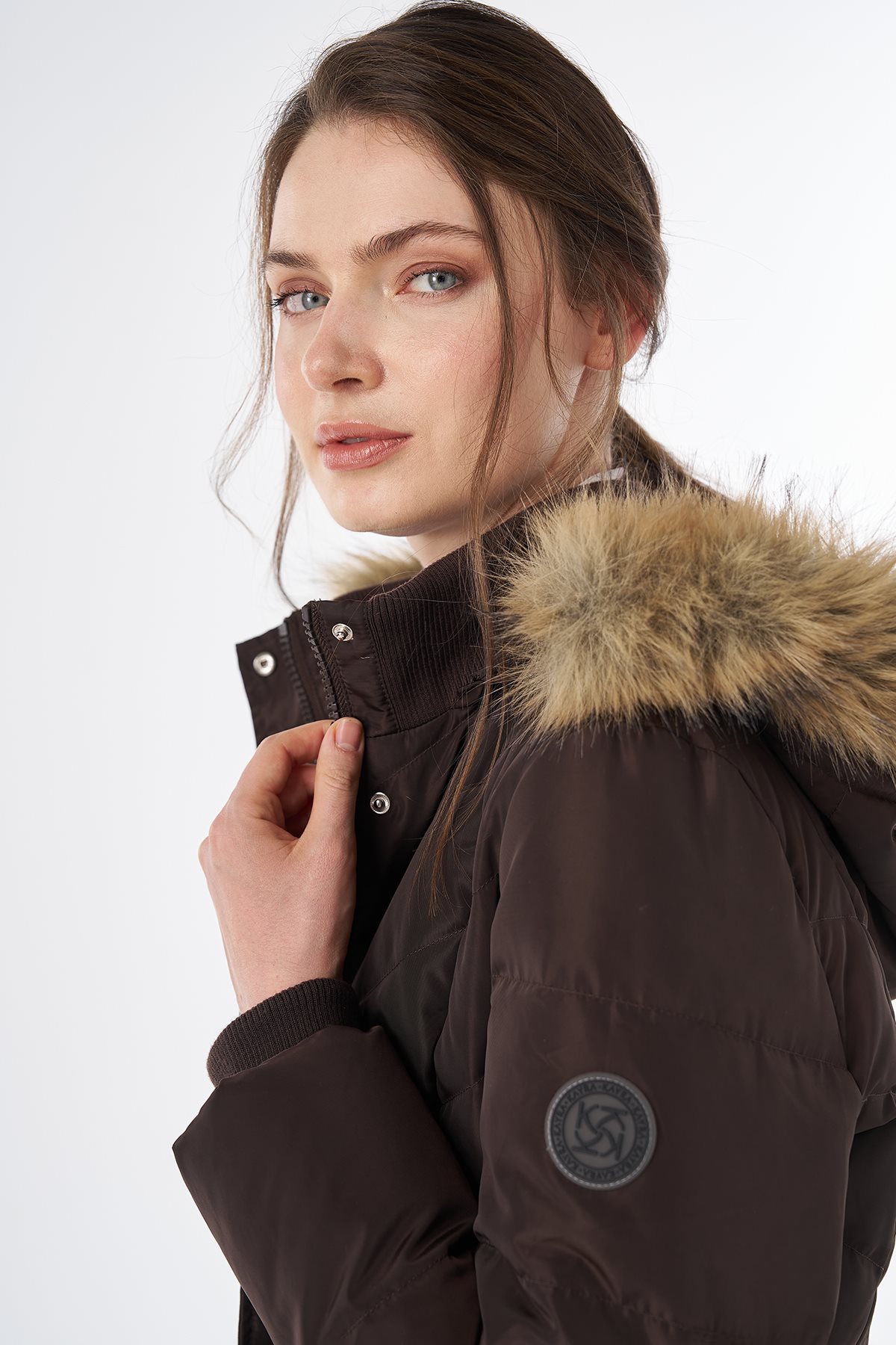 Elastic-Waist Goose Down-Filled Jacket Brown