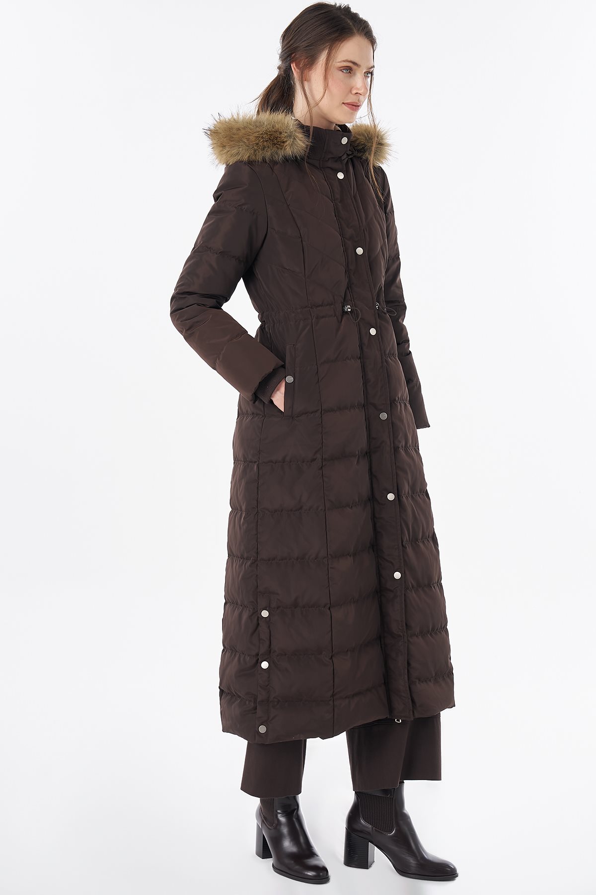 Elastic-Waist Goose Down-Filled Jacket Brown