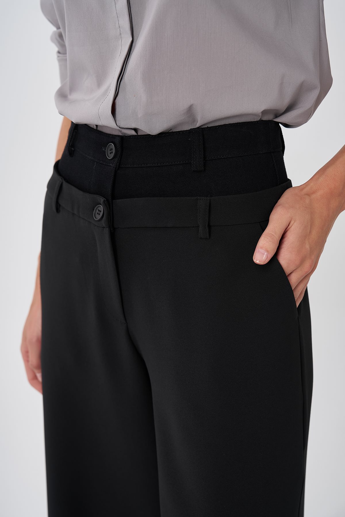 Çift Bel Detaylı Pantolon Siyah