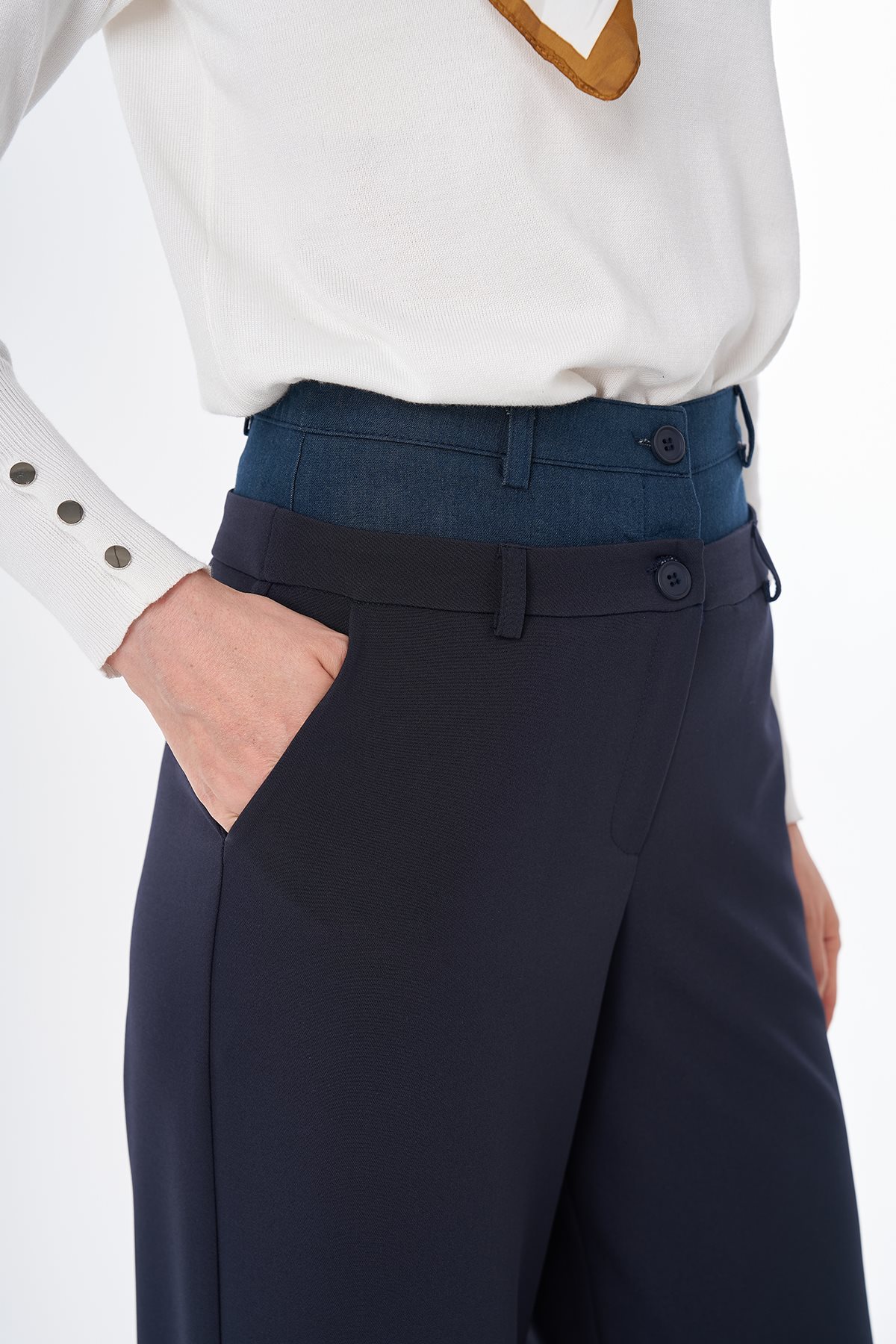 Çift Bel Detaylı Pantolon Lacivert