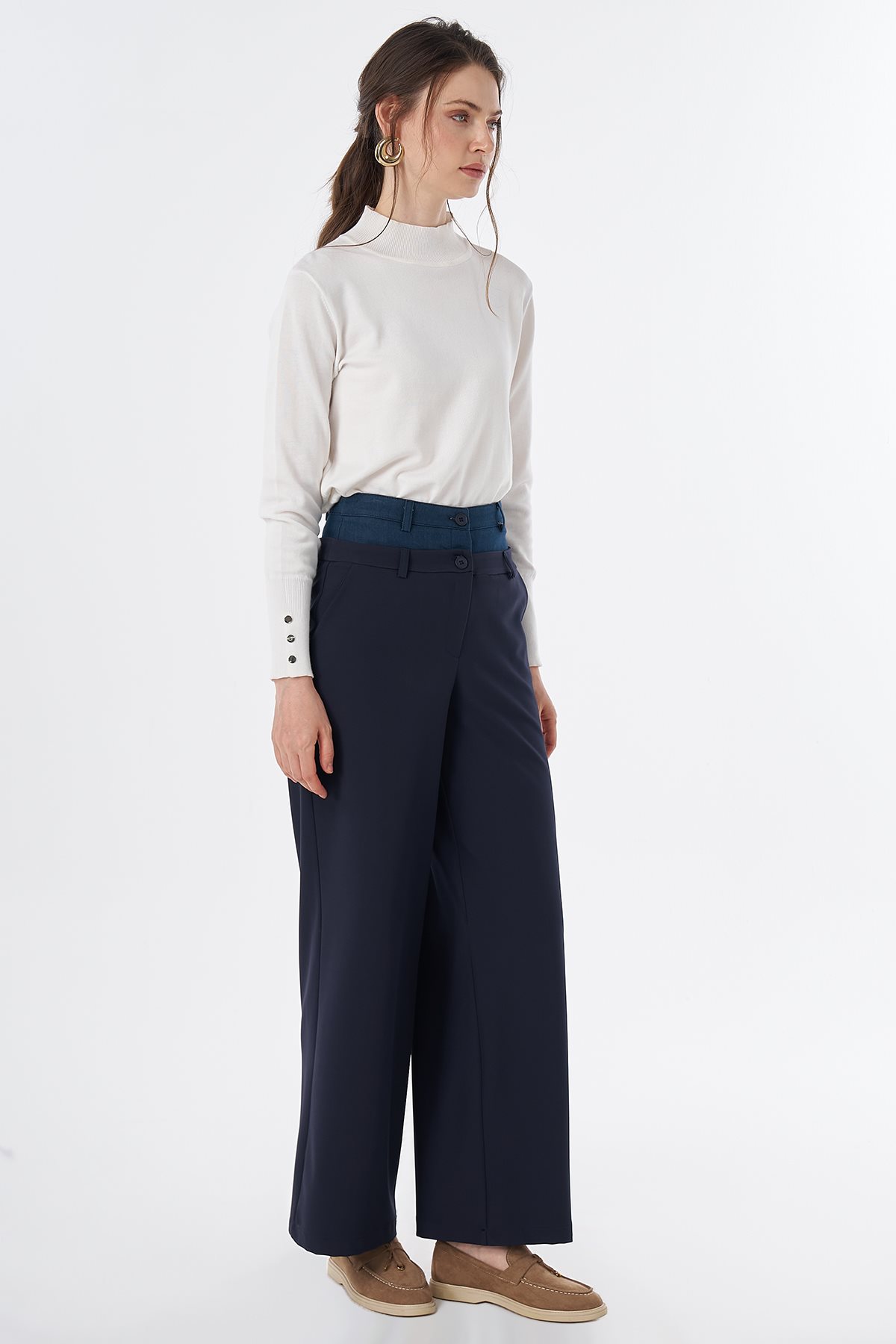 Çift Bel Detaylı Pantolon Lacivert