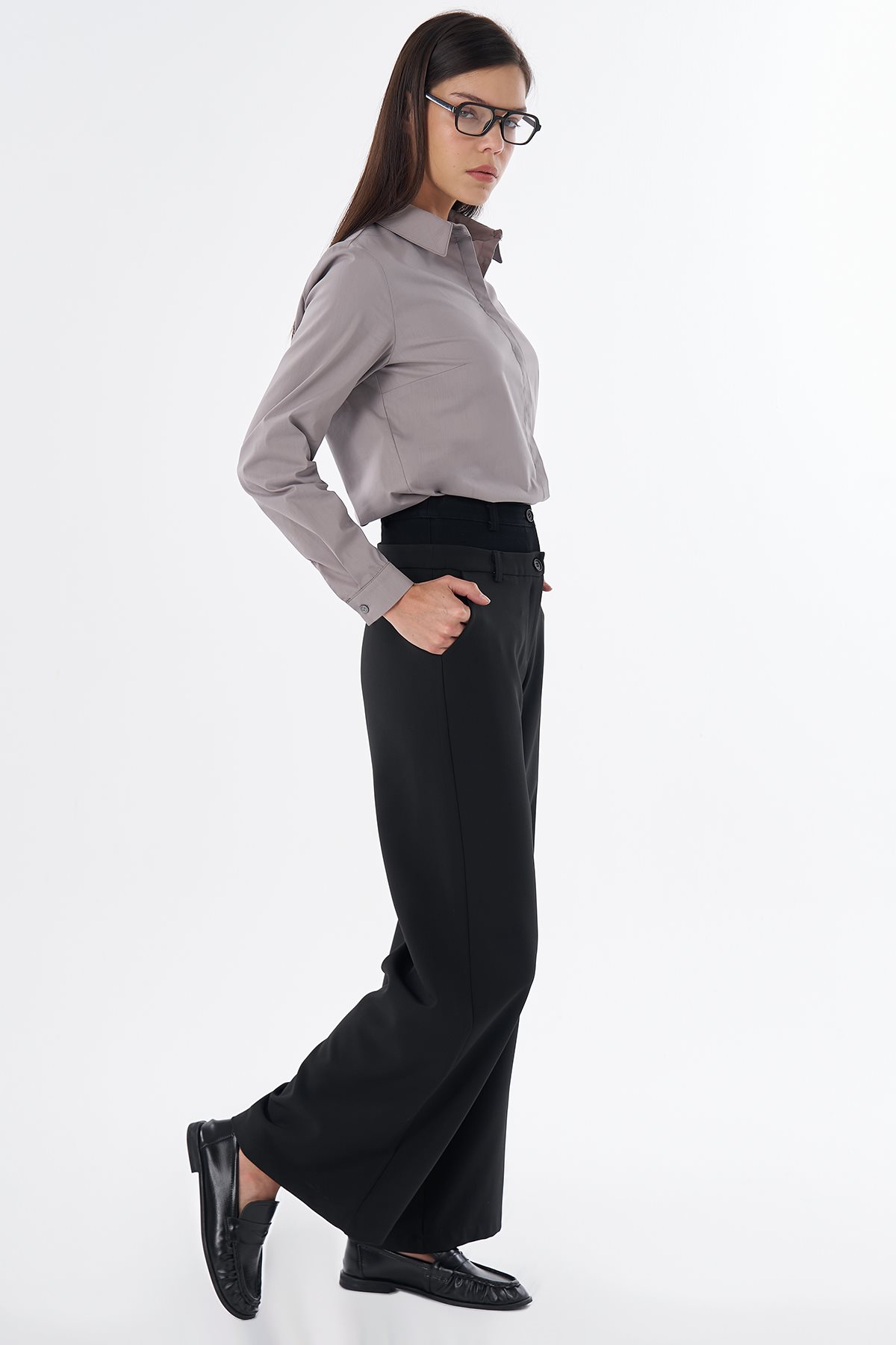 Çift Bel Detaylı Pantolon Siyah