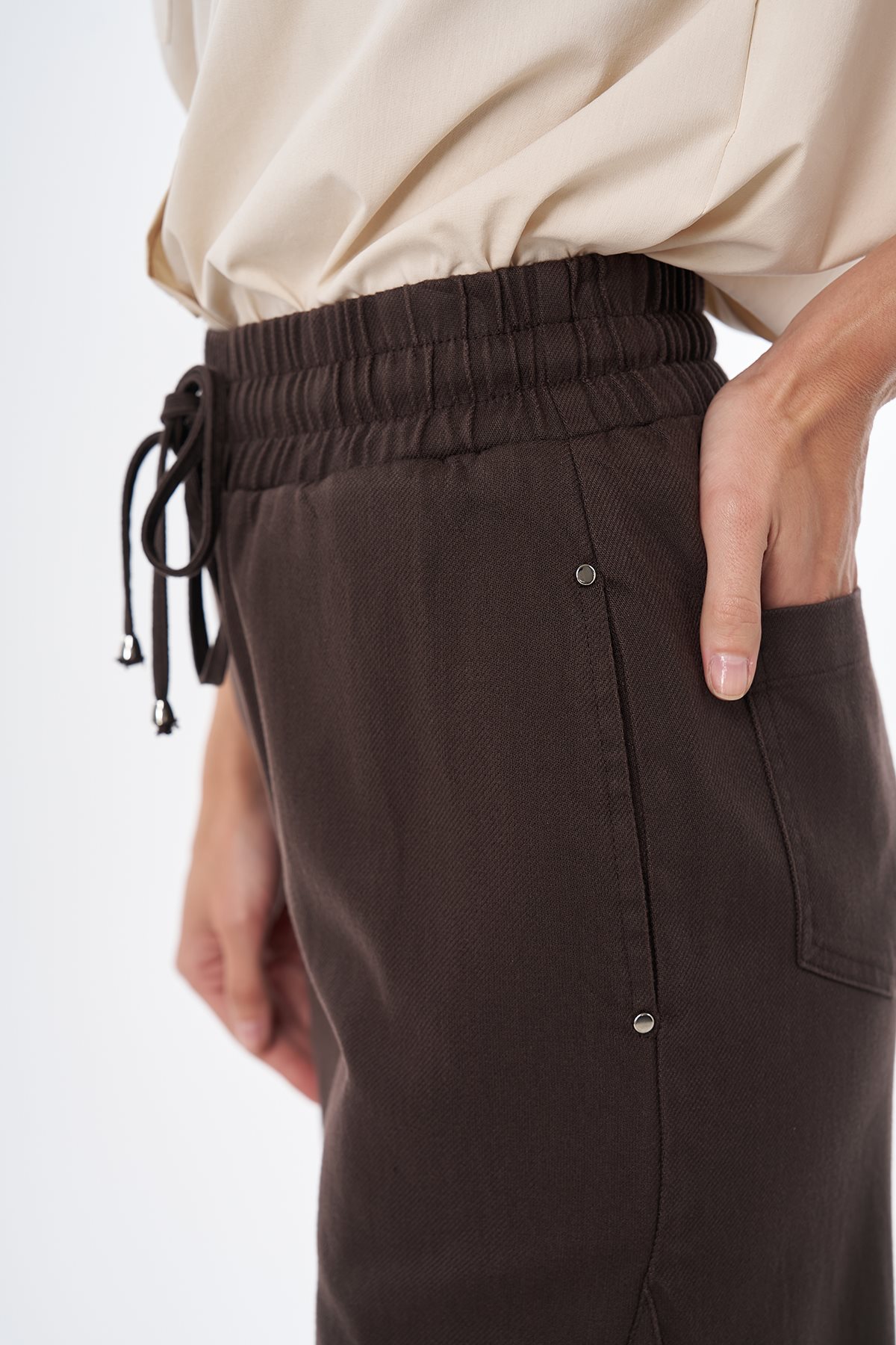 Elastik Bel Non Denim Pantolon Kahve