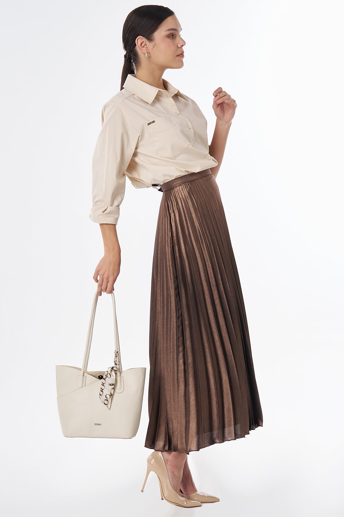 Shiny Pleated Skirt Copper