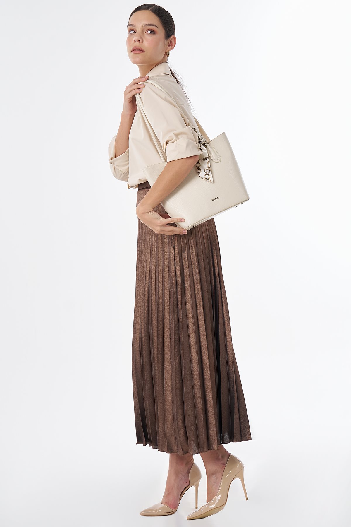 Shiny Pleated Skirt Copper